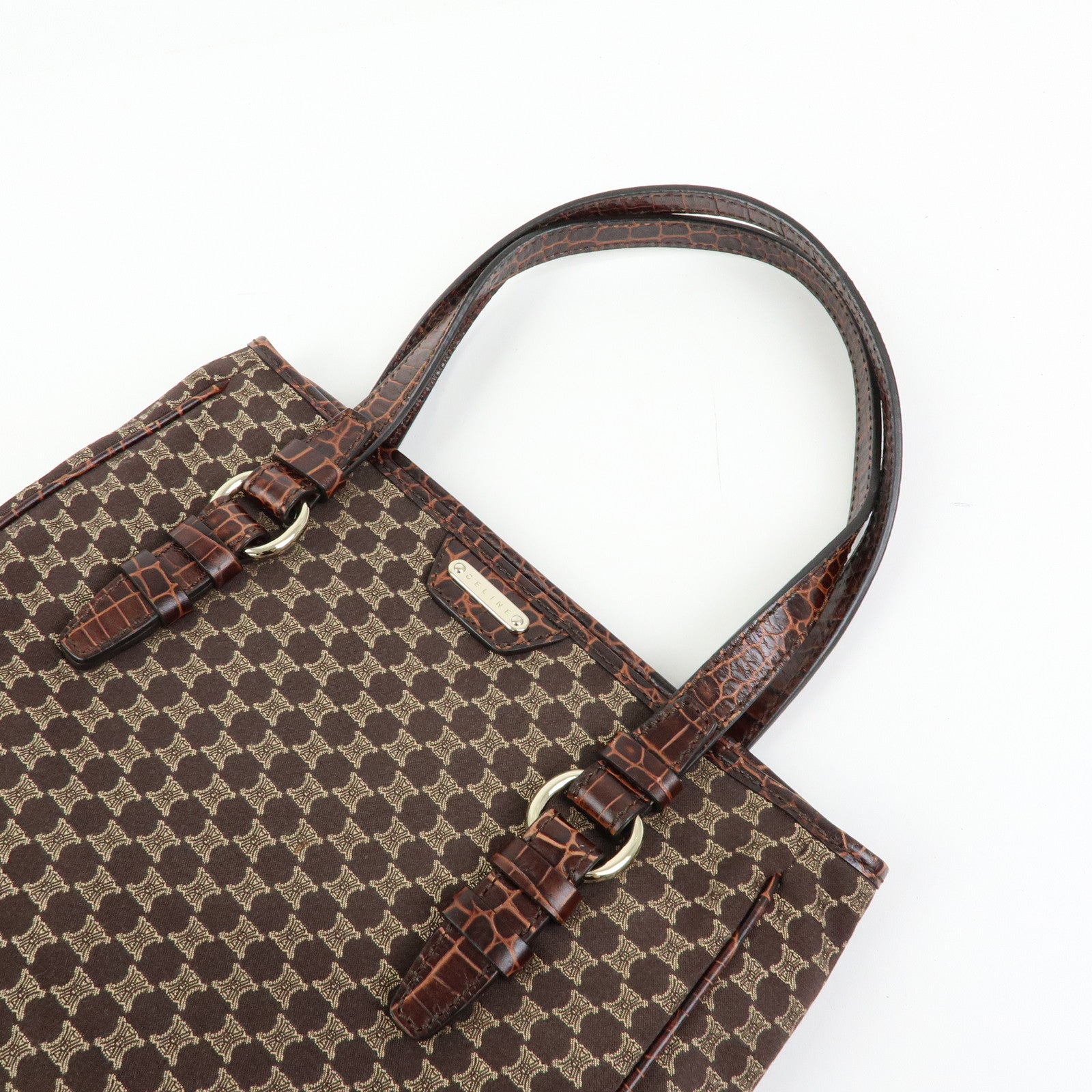 CELINE Macadam Embossed Leather Canvas Tote Bag Hand Bag Brown