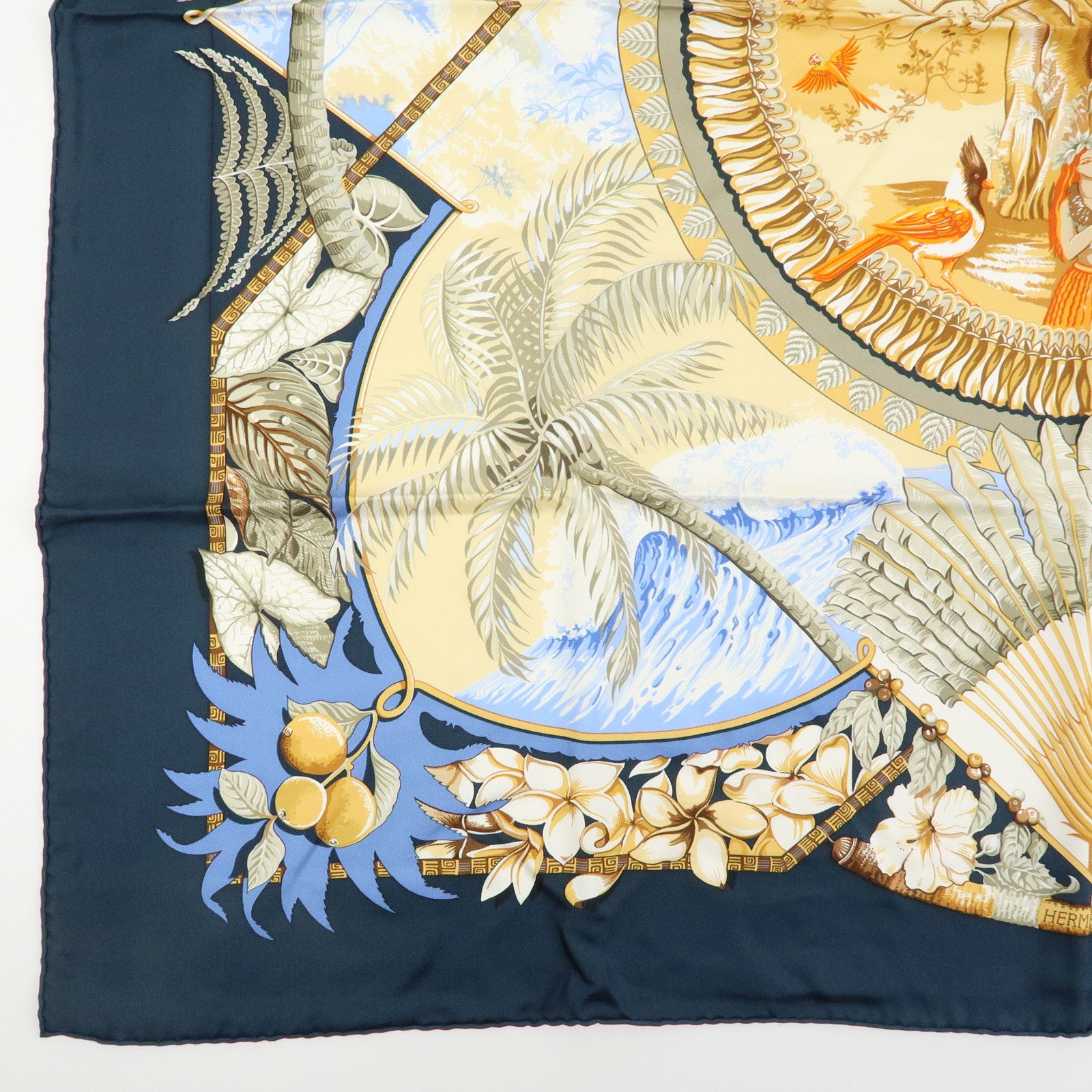 HERMES Carre 90 Silk 100% Scarf ALOHA Navy Light Brown