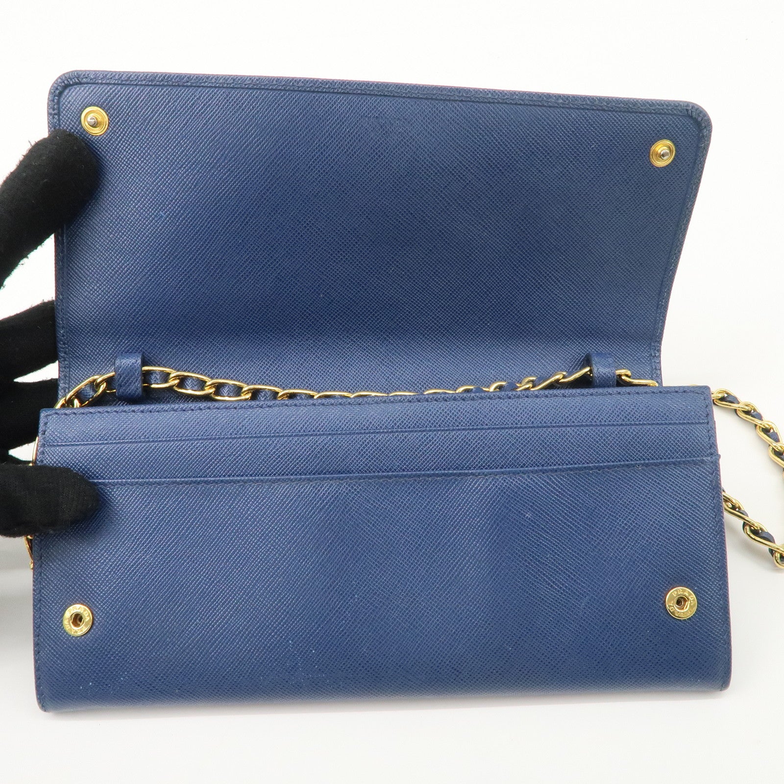 PRADA Logo Leather Chain Wallet WOC Blue Gold Hardware 1MT290 Used