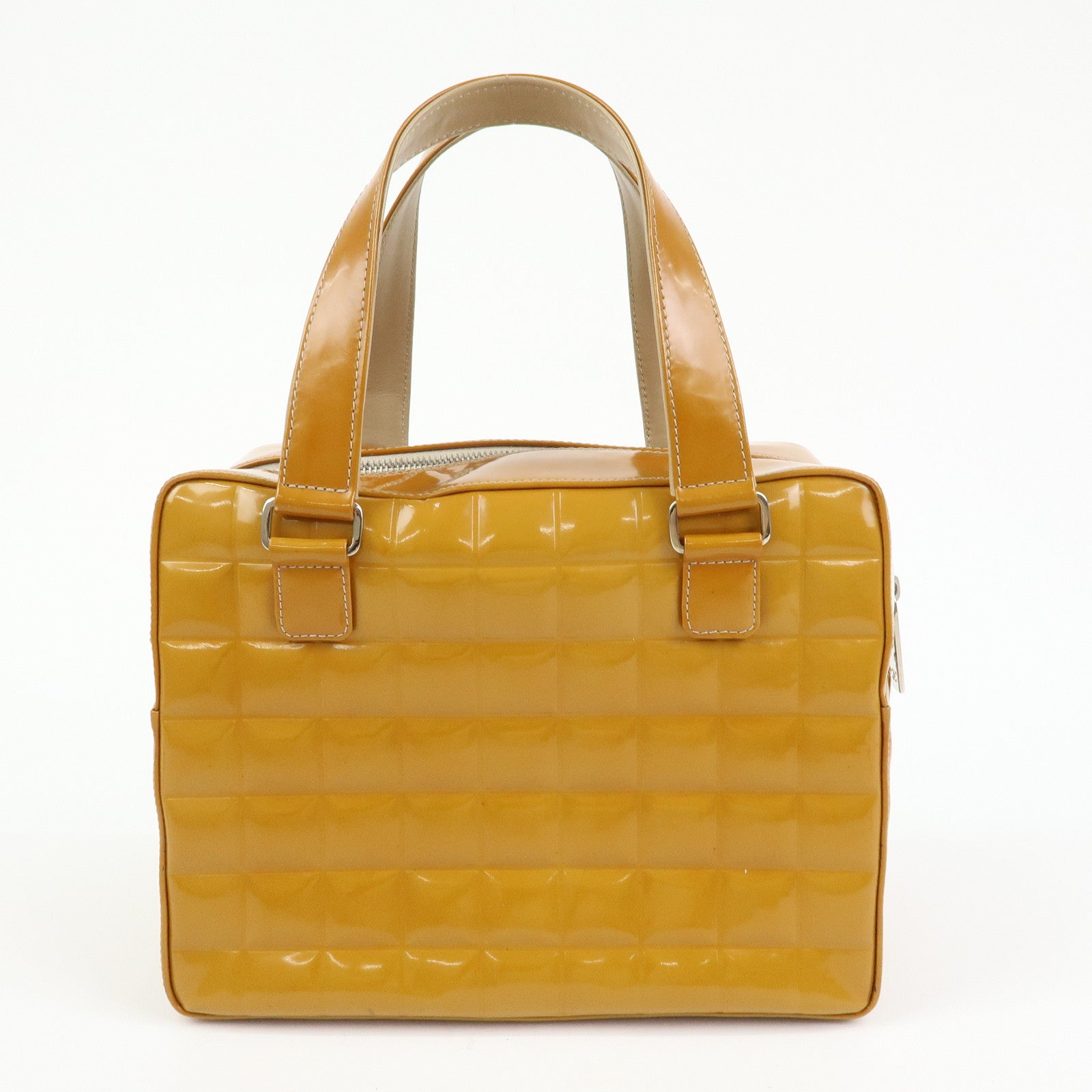 CHANEL Chocolate Bar COCO Mark Patent Leather Boston Bag Hand Bag Camel