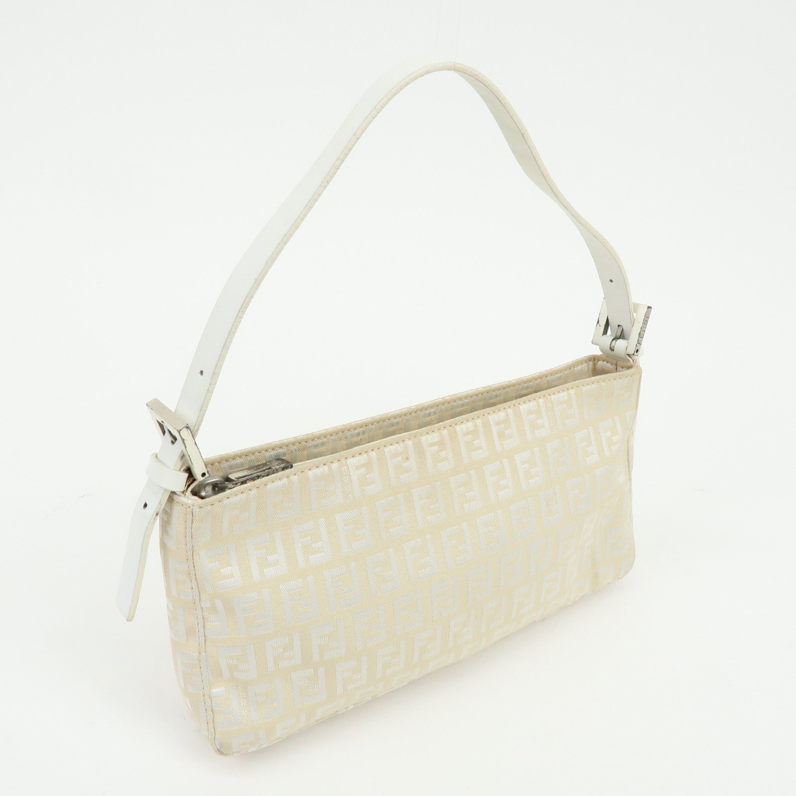 FENDI Zucchino Canvas Leather Shoulder Bag Hand Bag Beige White 8BR042