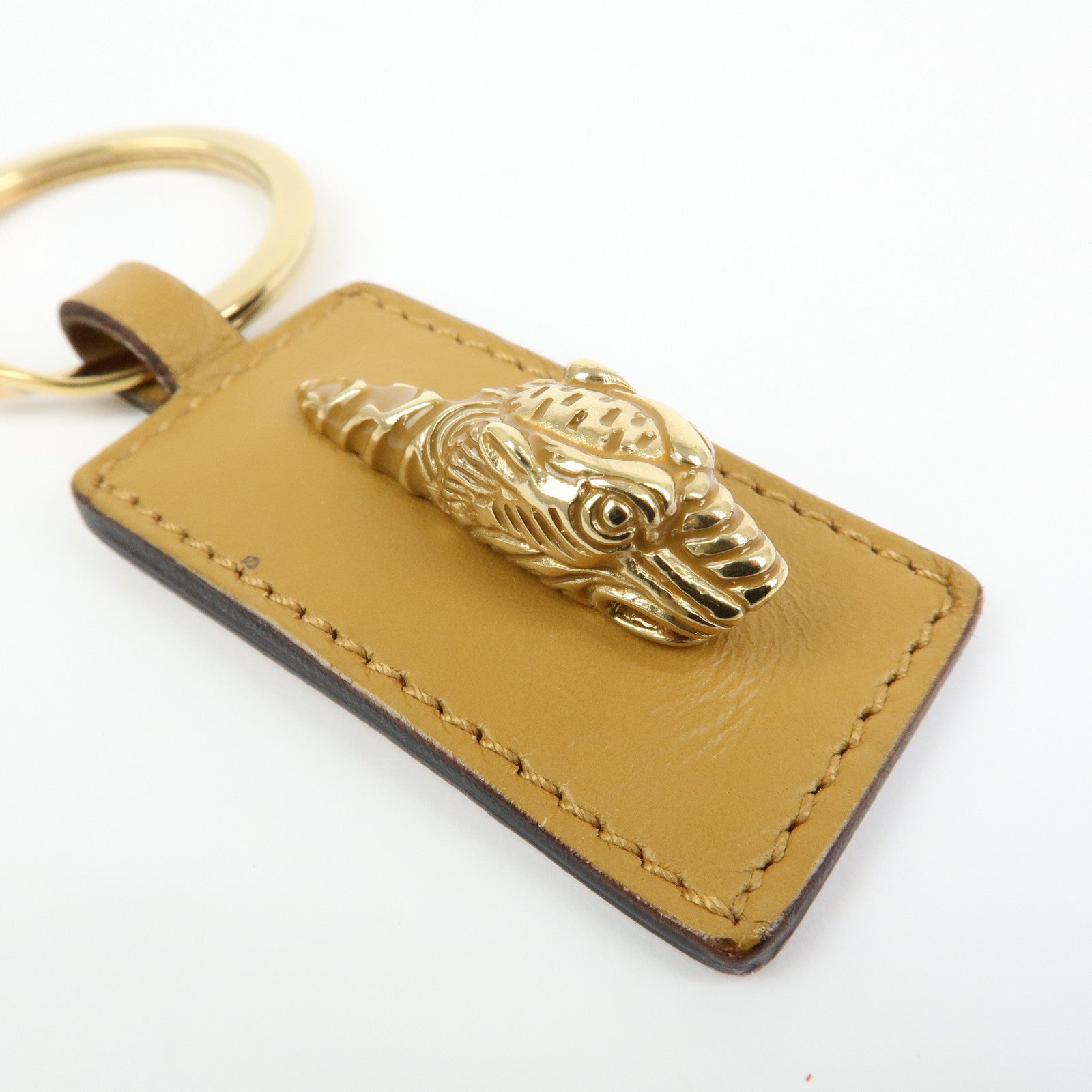 GUCCI Tiger Head Leather Metal Bag Charm Key Holder Brown Gold