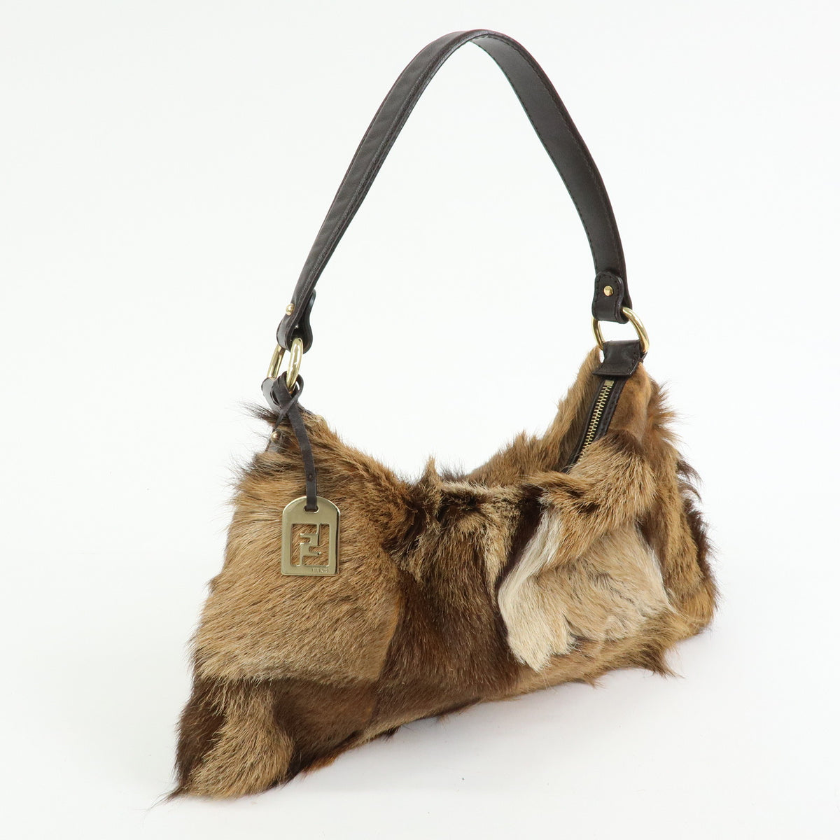 FENDI Fur Leather Shoulder Bag Hand Bag Brown 8BR349