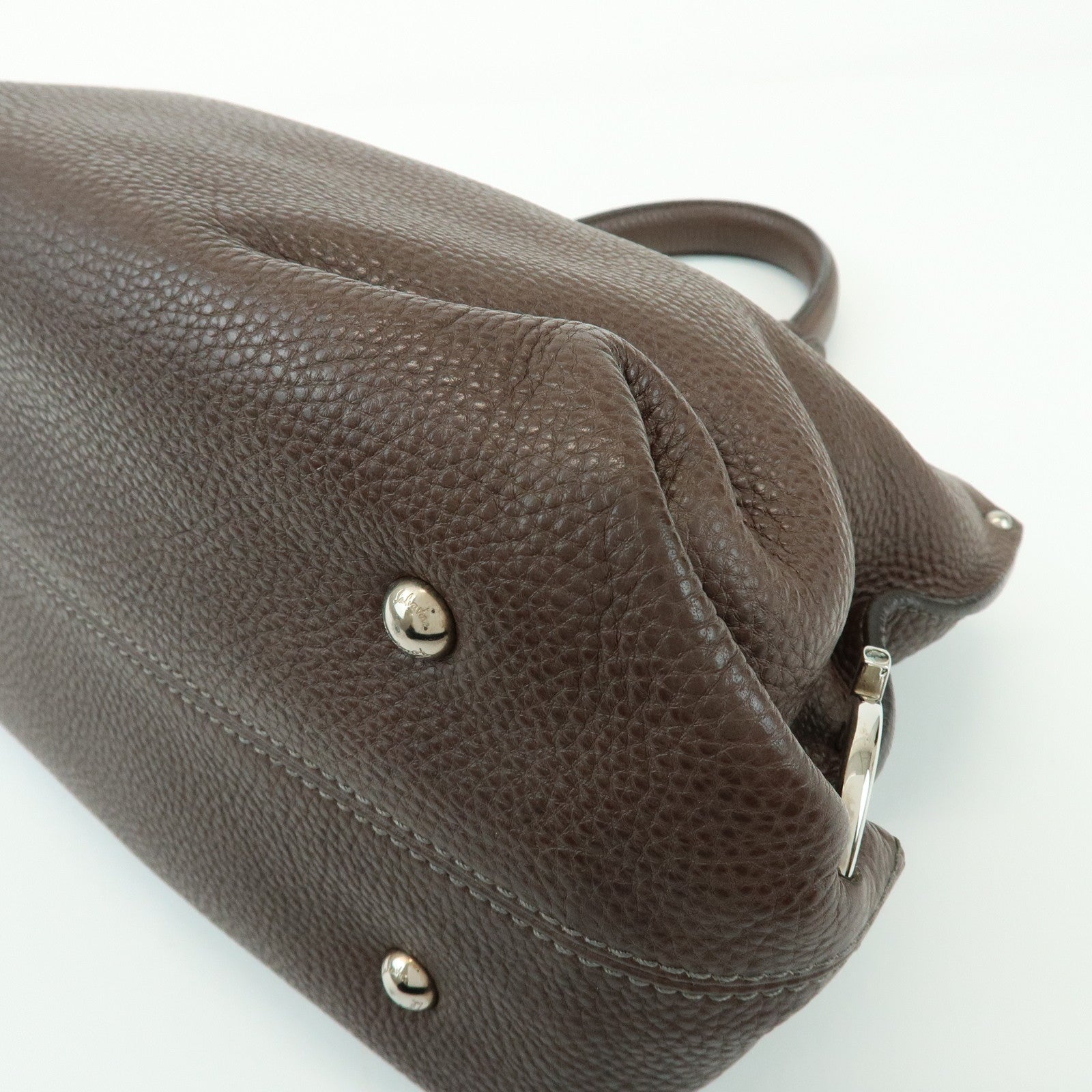 Ferragamo Gancini Leather Top Handle Hand Bag Brown