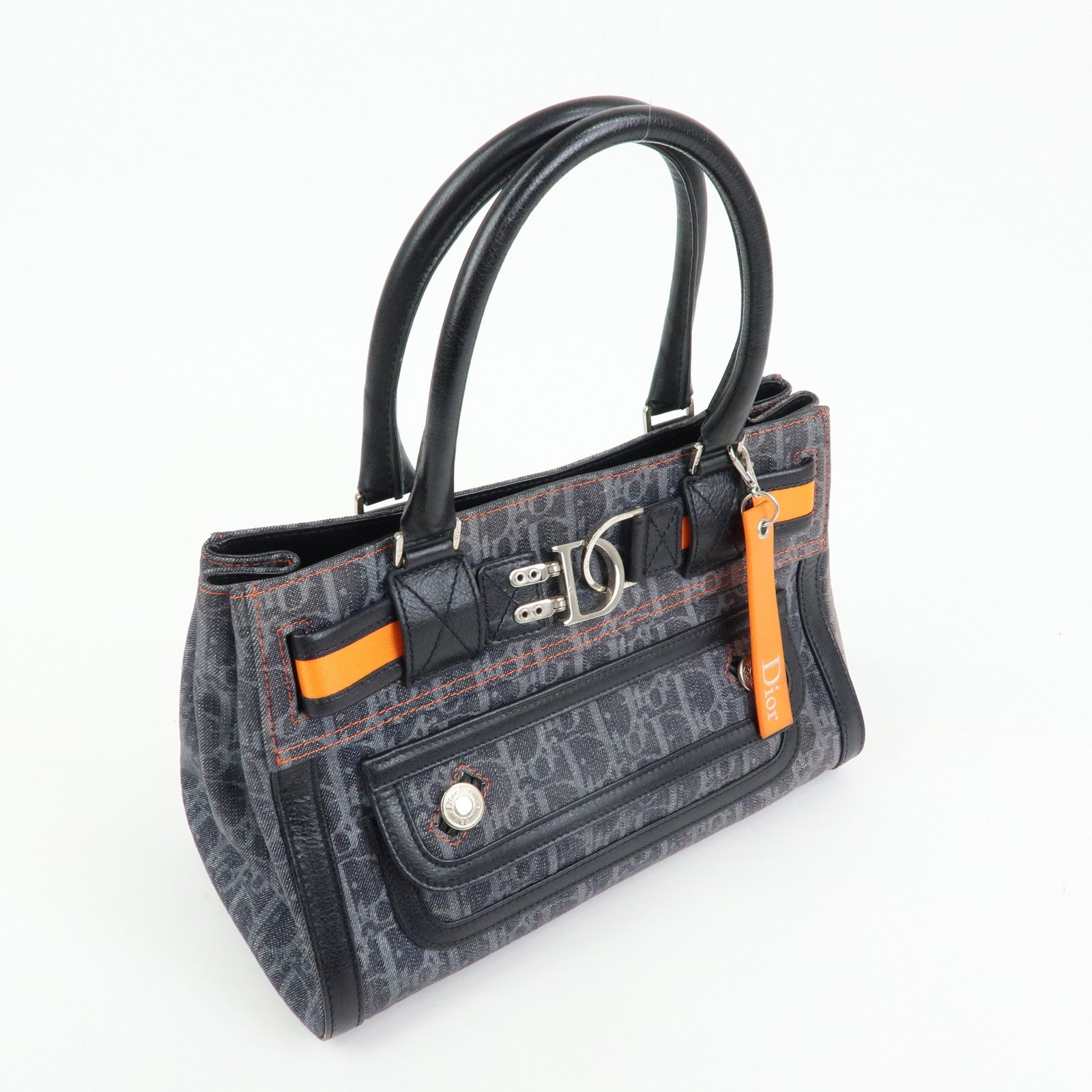 Christian Dior Trotter Flight Line Denim Leather Tote Bag Blue Navy