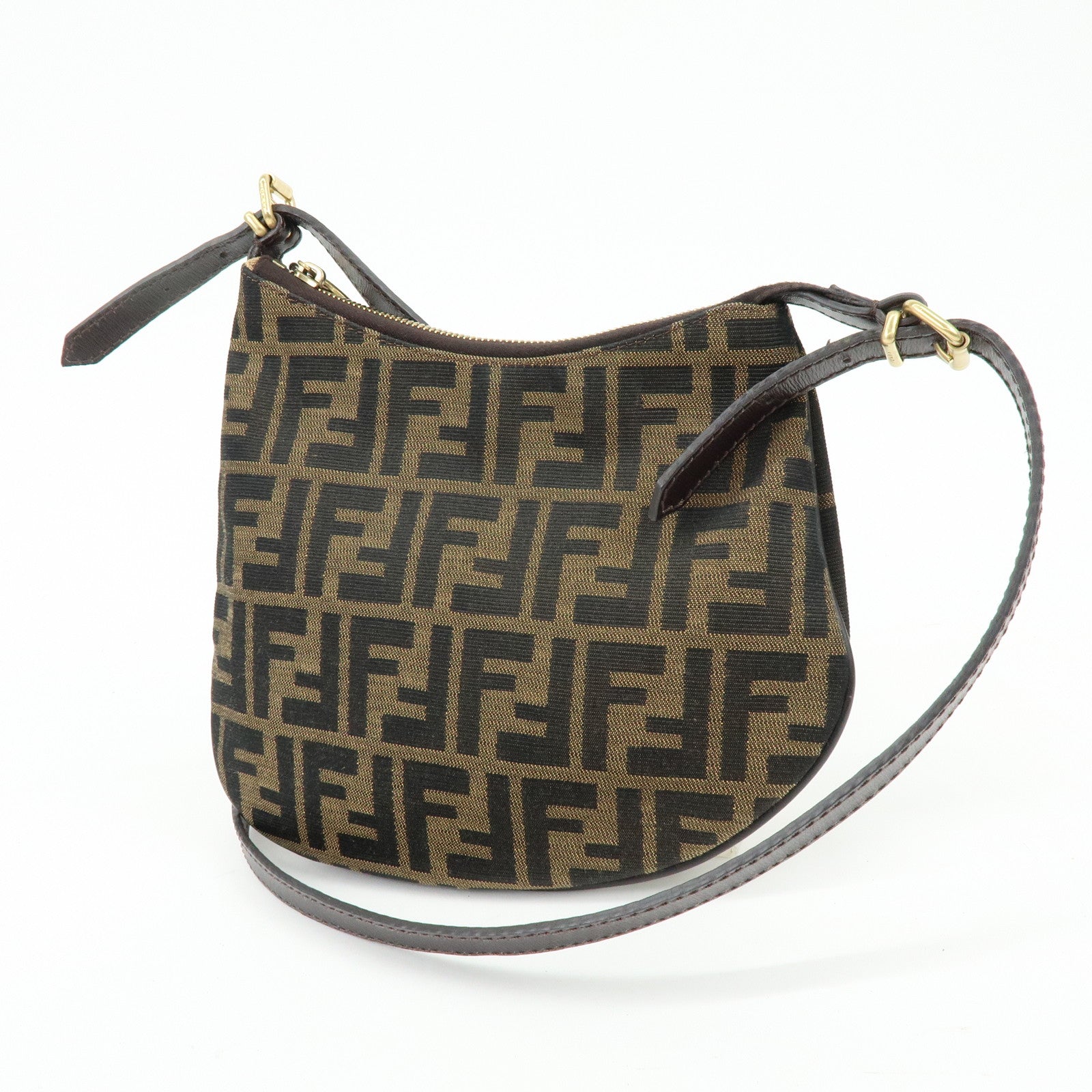 FENDI Zucca Canvas Leather Shoulder Bag Crossbody Bag Brown 8BR248