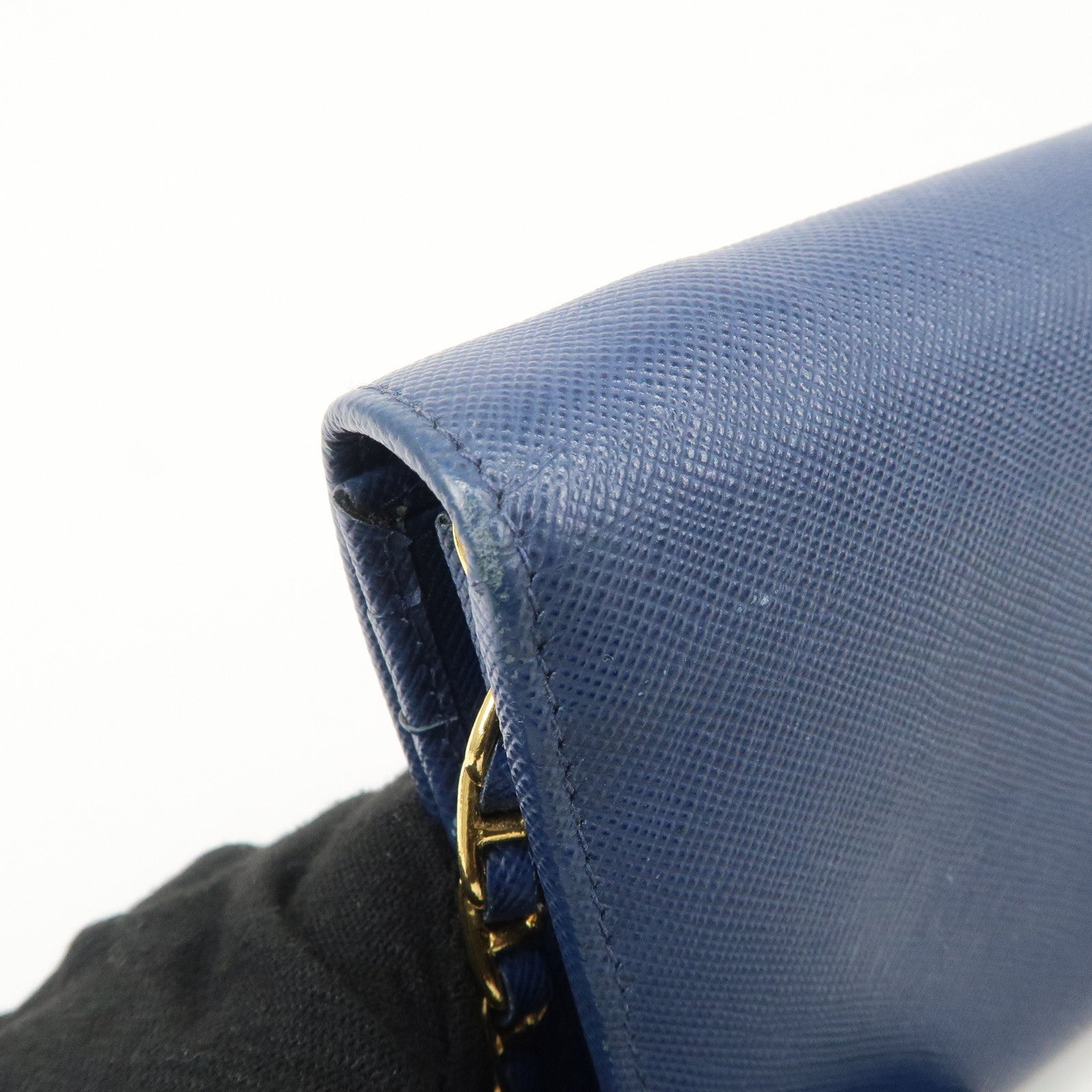 PRADA Logo Leather Chain Wallet WOC Blue Gold Hardware 1MT290 Used