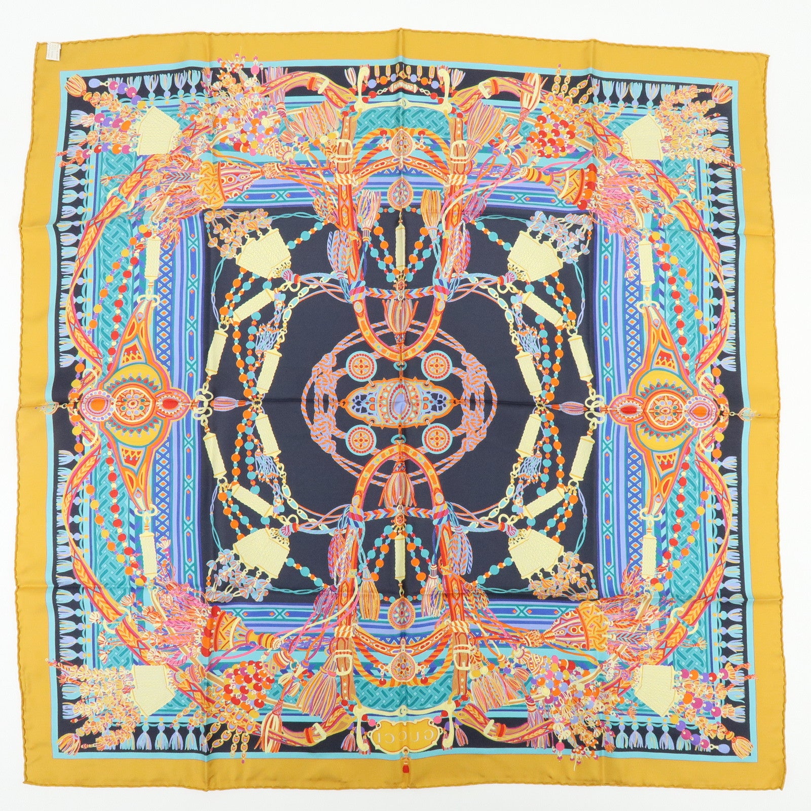 GUCCI Silk 100% Scarf Tassel Motif Black Yellow Multicolor
