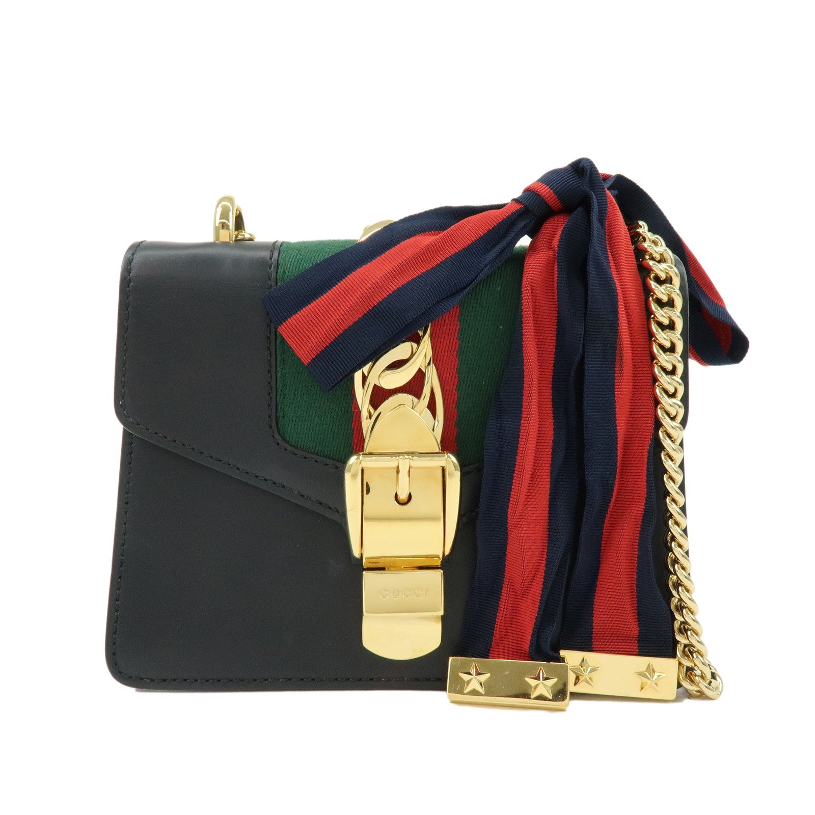 GUCCI Sylvie Sherry Calf Leather Chain Shoulder Bag Black 431666