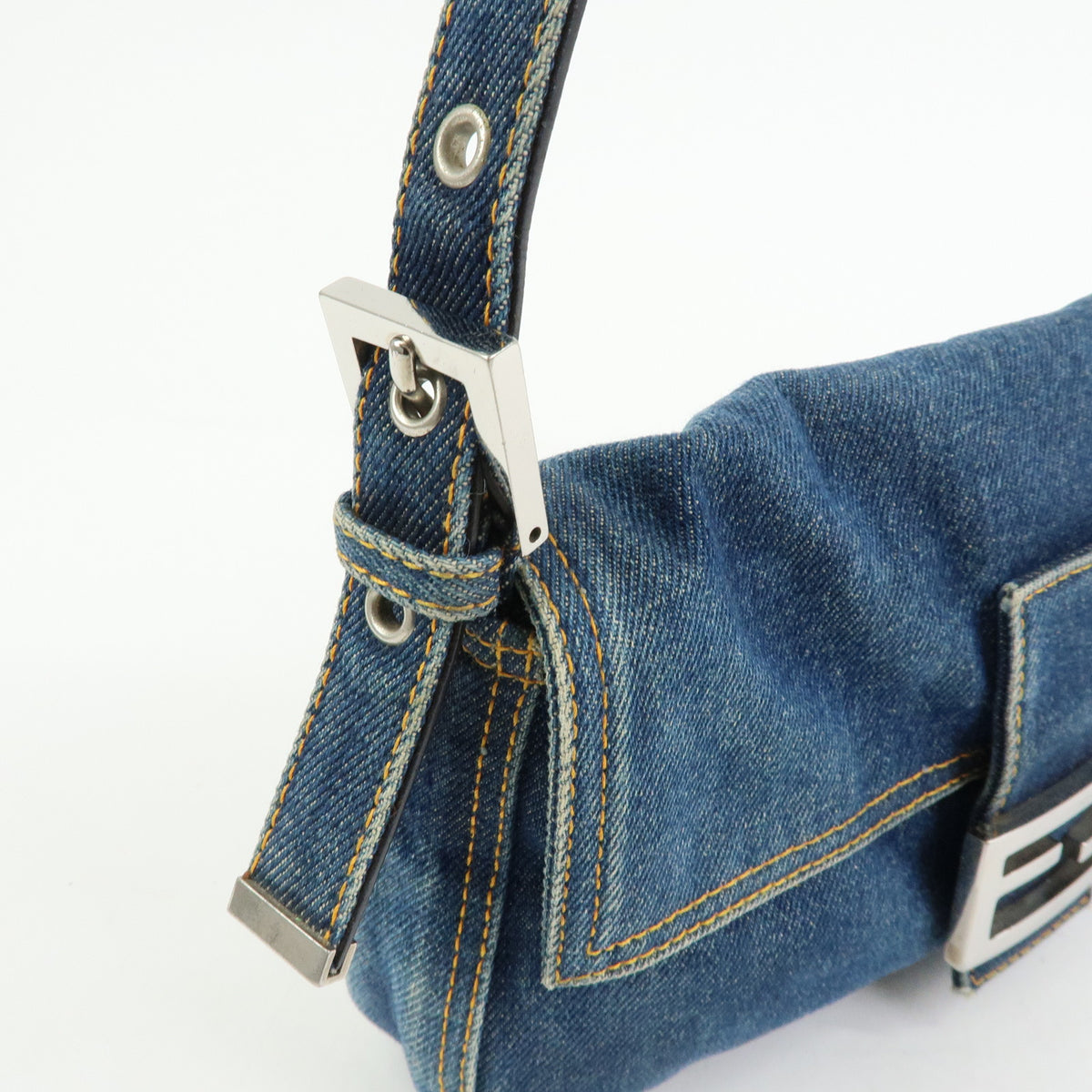FENDI Mamma Baguette Denim Leather Shoulder Bag Blue 26424