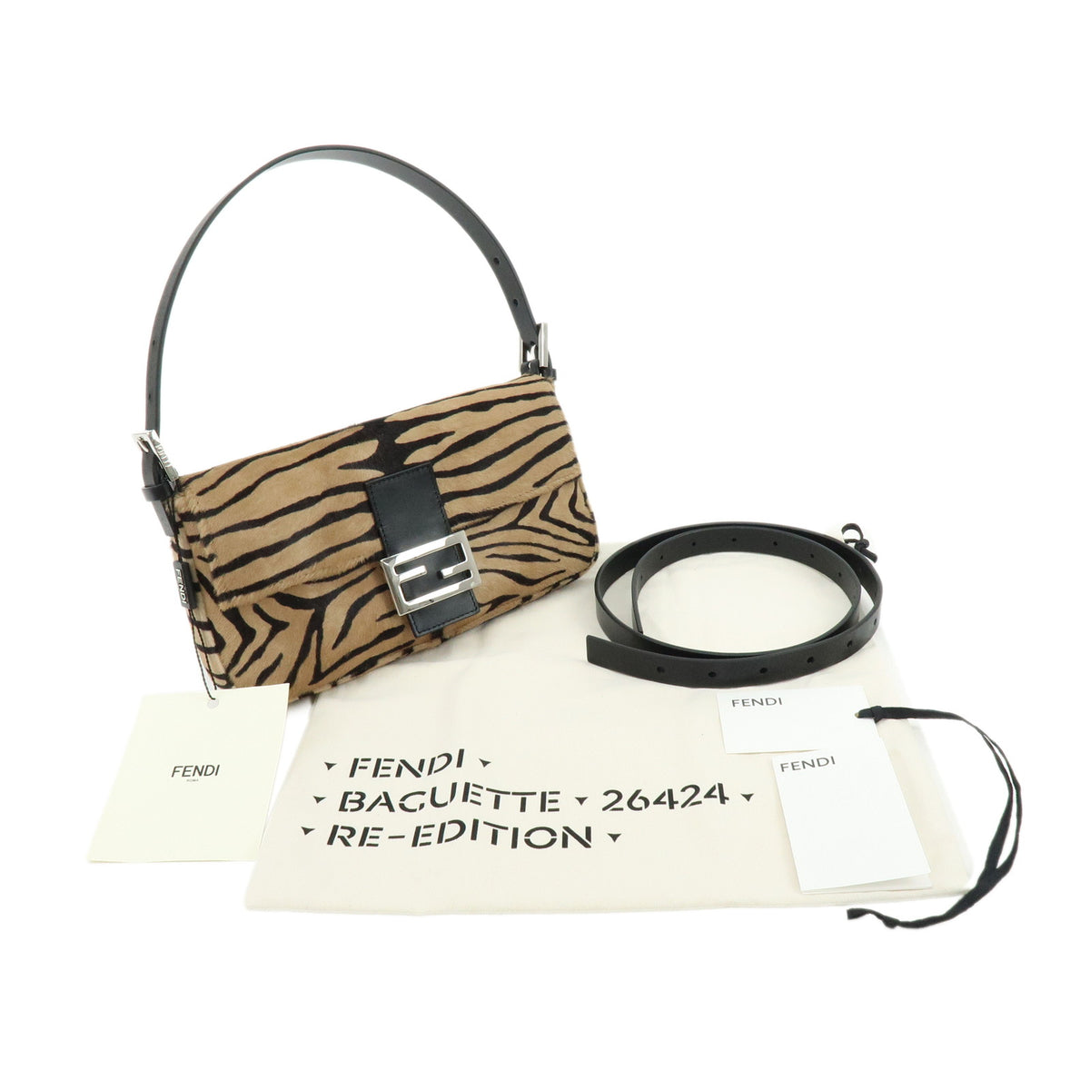 FENDI Baguette Unborn Calf Leather Hand Bag Tiger Print Brown 8BR850