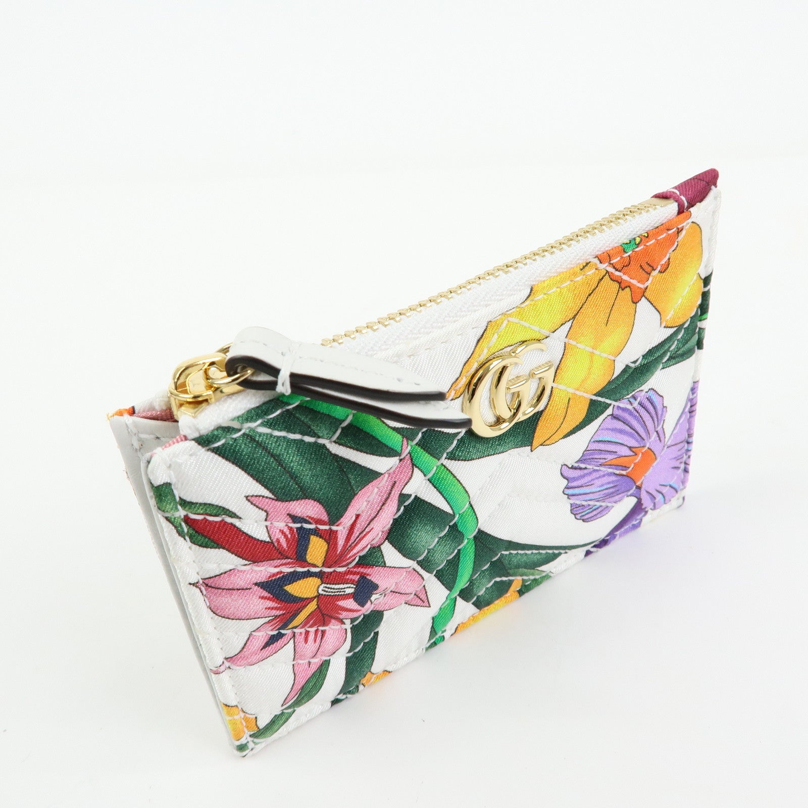 GUCCI GG Marmont FLora Double G Silk Coin Case Coin Purse White