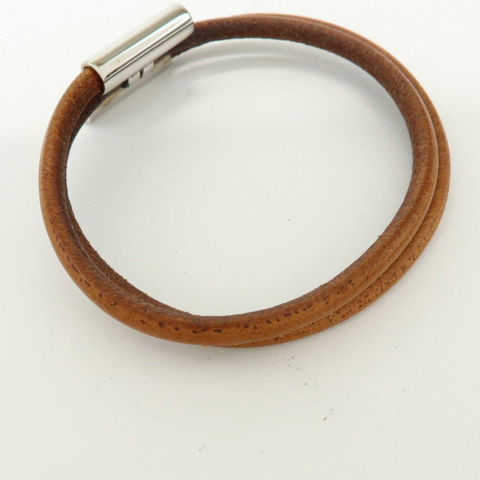 HERMES Leather Metal Tournis Tresse Bracelet Brown Silver