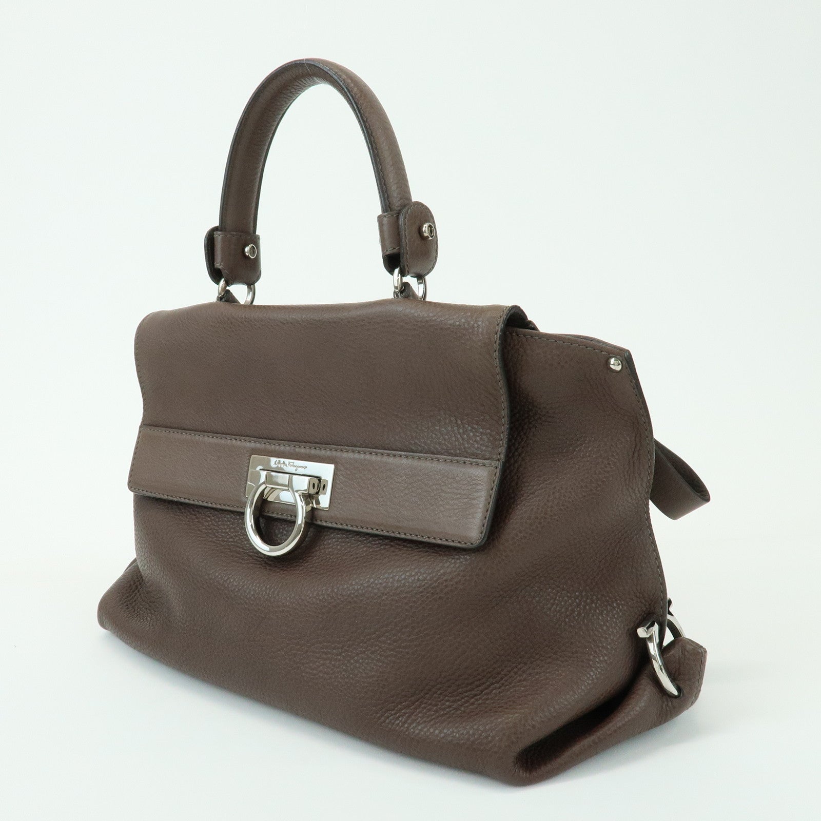 Ferragamo Gancini Leather Top Handle Hand Bag Brown