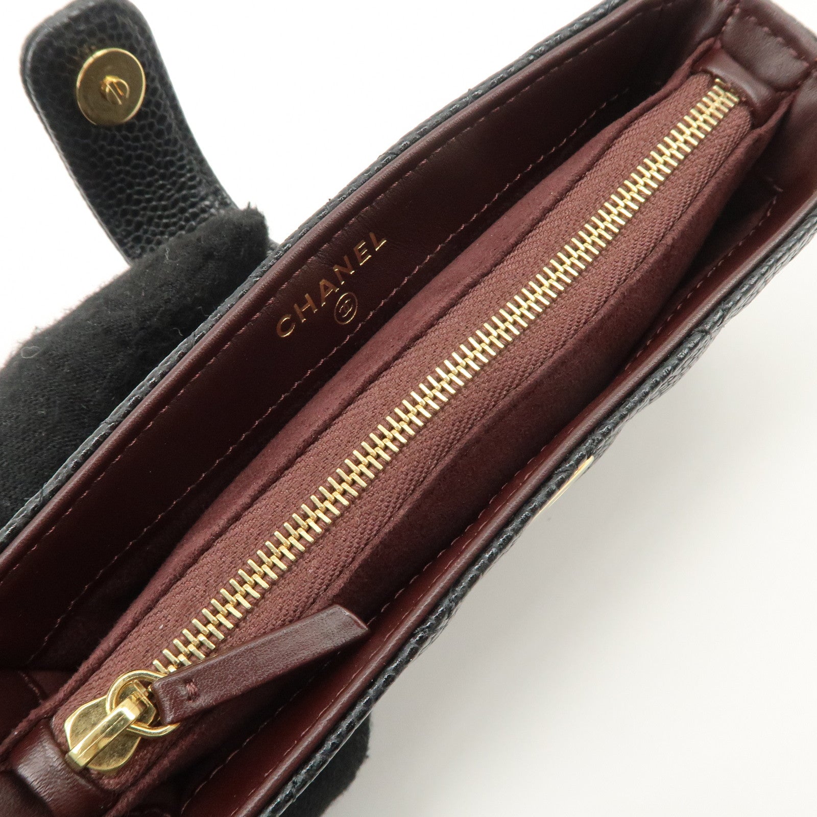 CHANEL COCO Mark Matelasse Caviarskin Pouch Black Gold A48227 Used