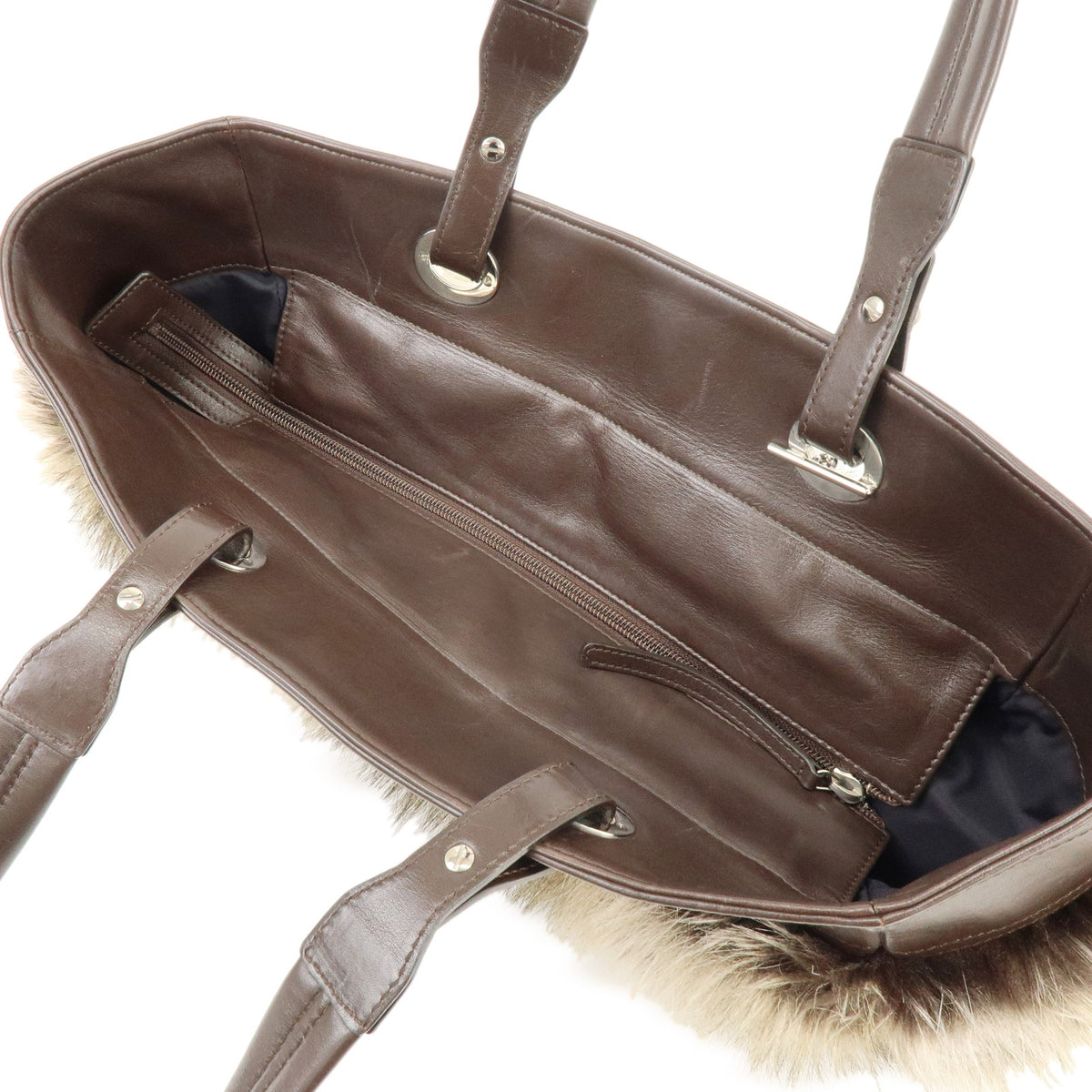 CHANEL Paris Biarritz Fur Leather Tote Bag Shoulder Bag Brown Beige