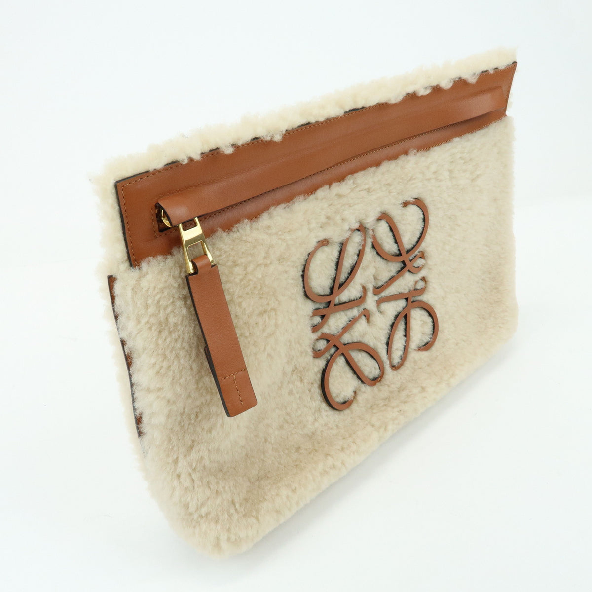 LOEWE Anagram Shearling Leather Clutch Bag Pouch Beige Brown
