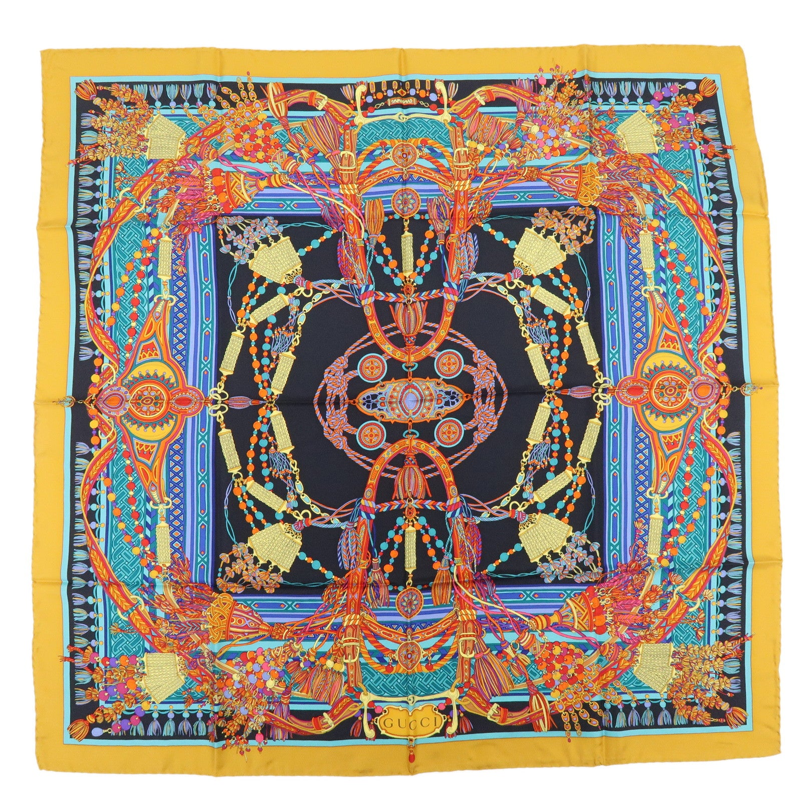 GUCCI Silk 100% Scarf Tassel Motif Black Yellow Multicolor