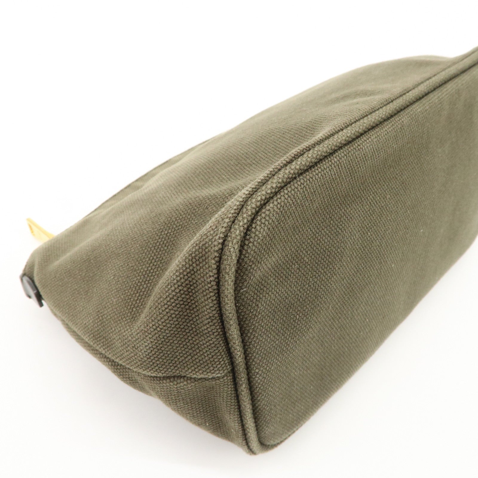 PRADA Triangle Logo Canvas Leather Cosmetic Pouch Khaki 1N1857 Used