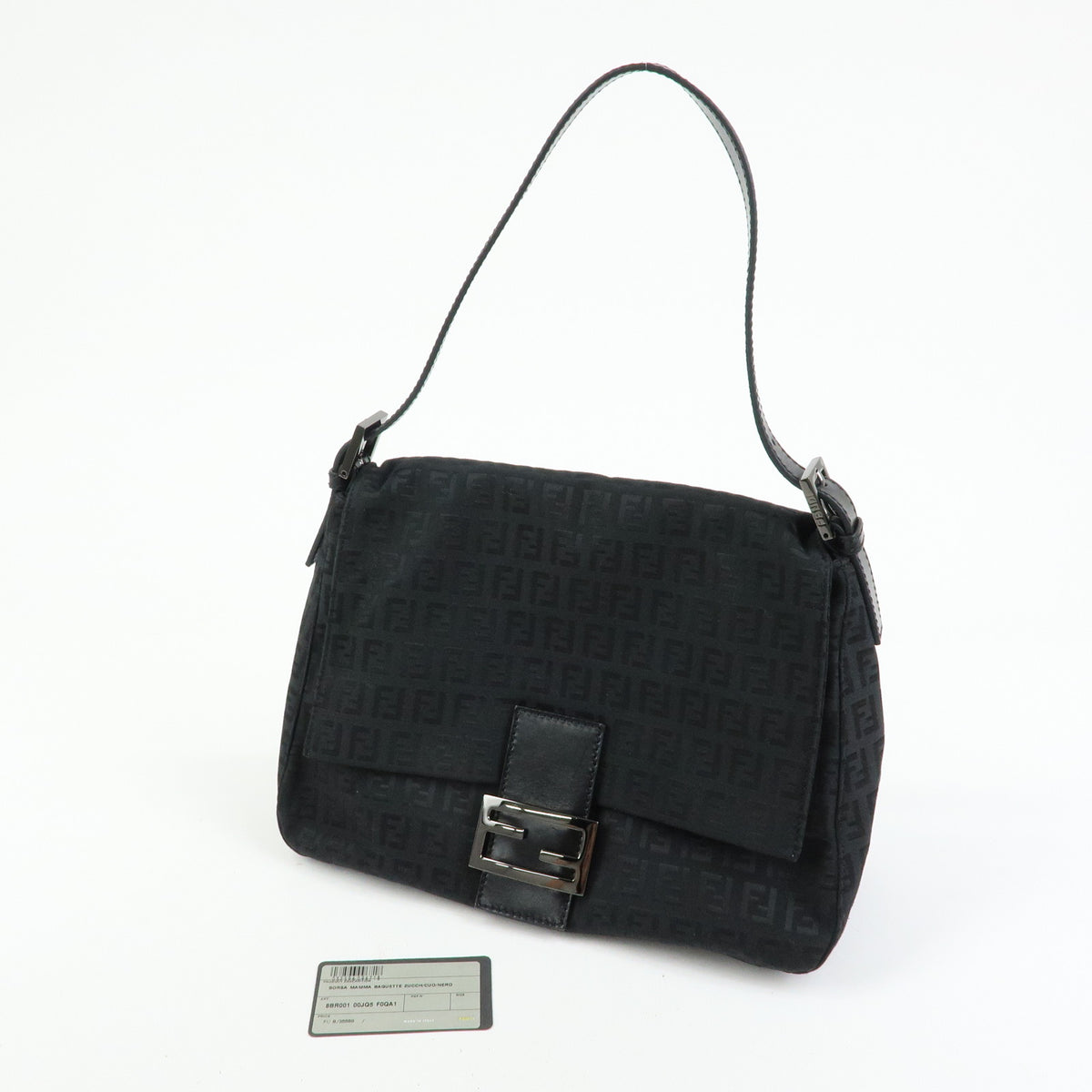 FENDI Mamma Baguette Zucchino Canvas Leather Shoulder Bag Black 8BR001