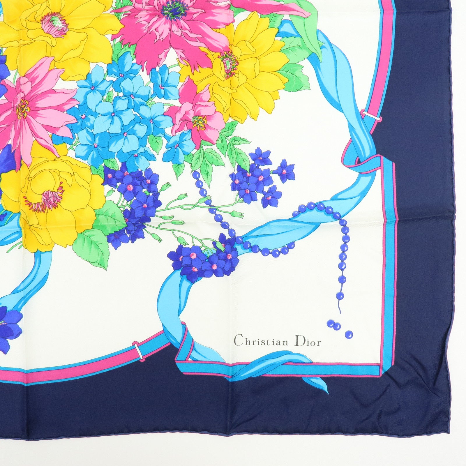 Christian Dior Set of 2 Silk 100% Scarf Flower Butterfly Red Navy