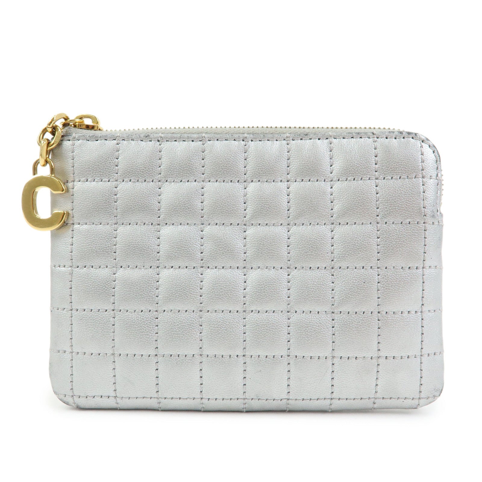 CELINE Leather C Charm Coin Case Coin Purse Metallic Silver