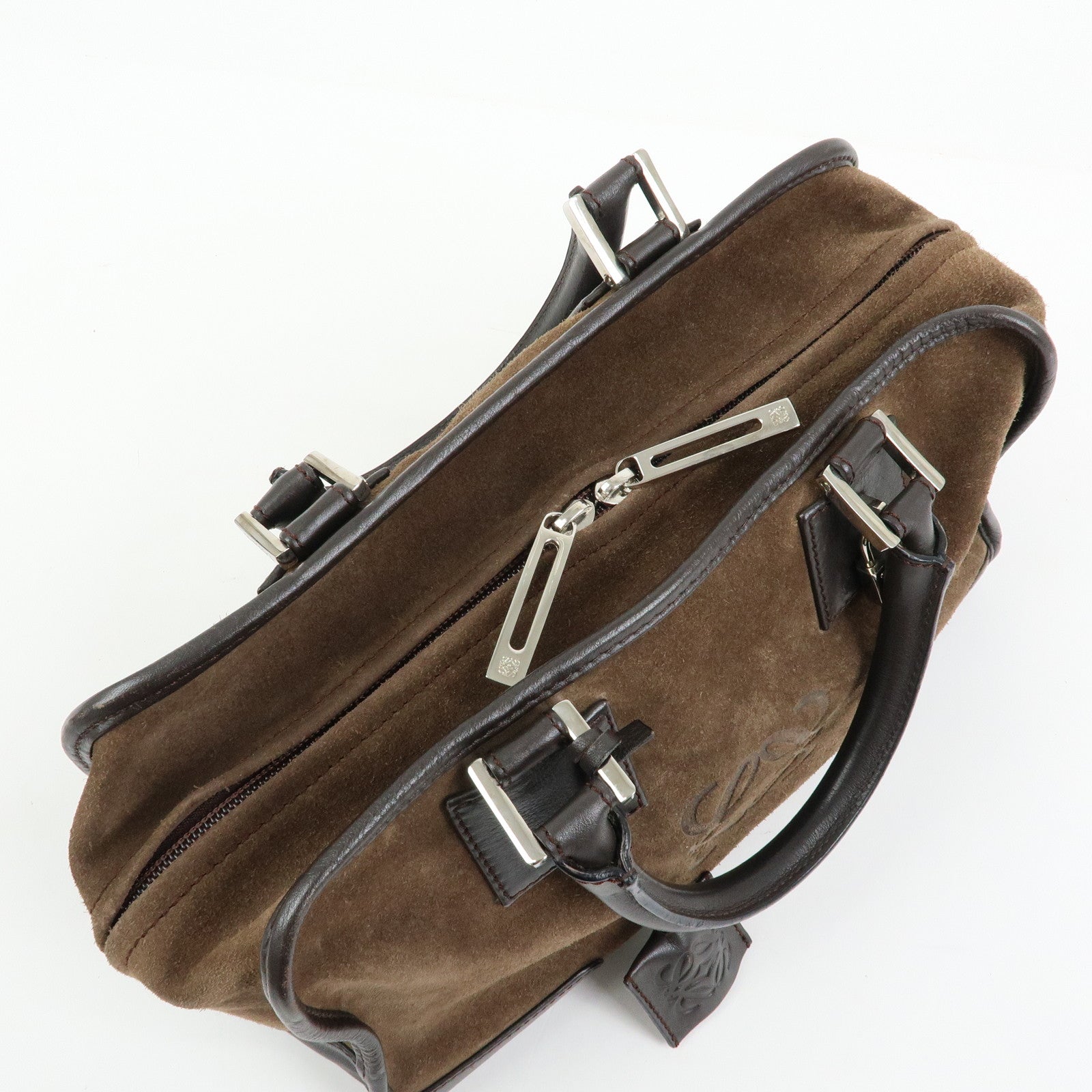 LOEWE Anagram Amazona 28 Suede Leather Hand Bag Boston Bag Brown