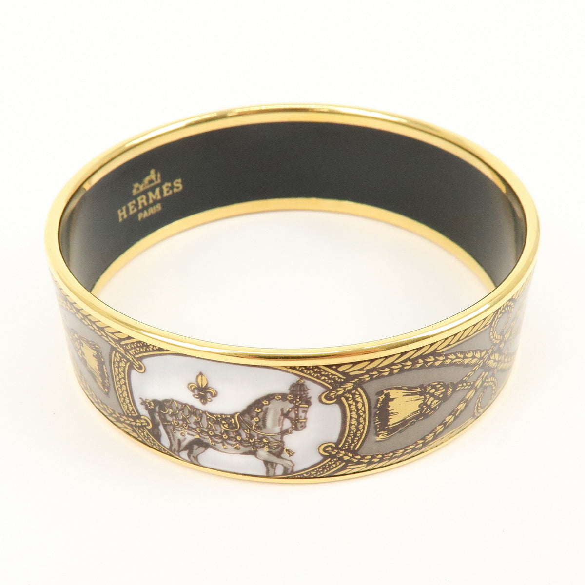 HERMES Email GM Gold Plated Bangle Bracelet Gold Grey White