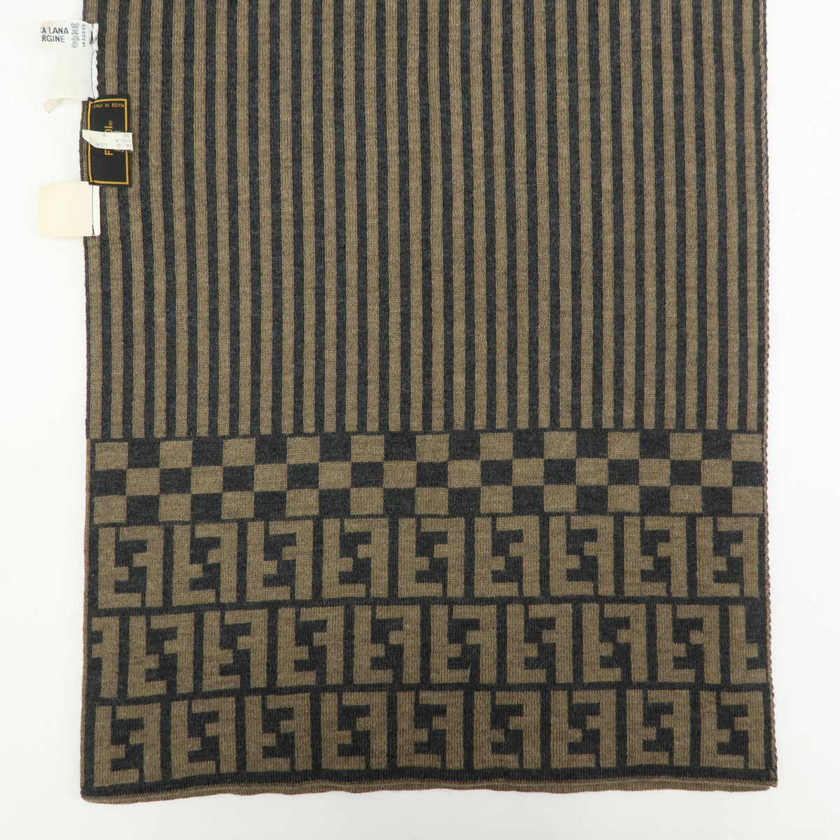 FENDI Zucca Pequin Wool 100% Knitted Shawl Scarf Brown