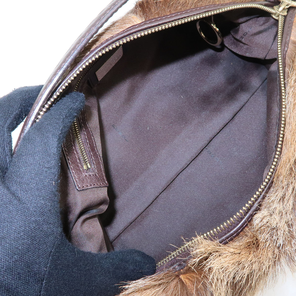 FENDI Fur Leather Shoulder Bag Hand Bag Brown 8BR349