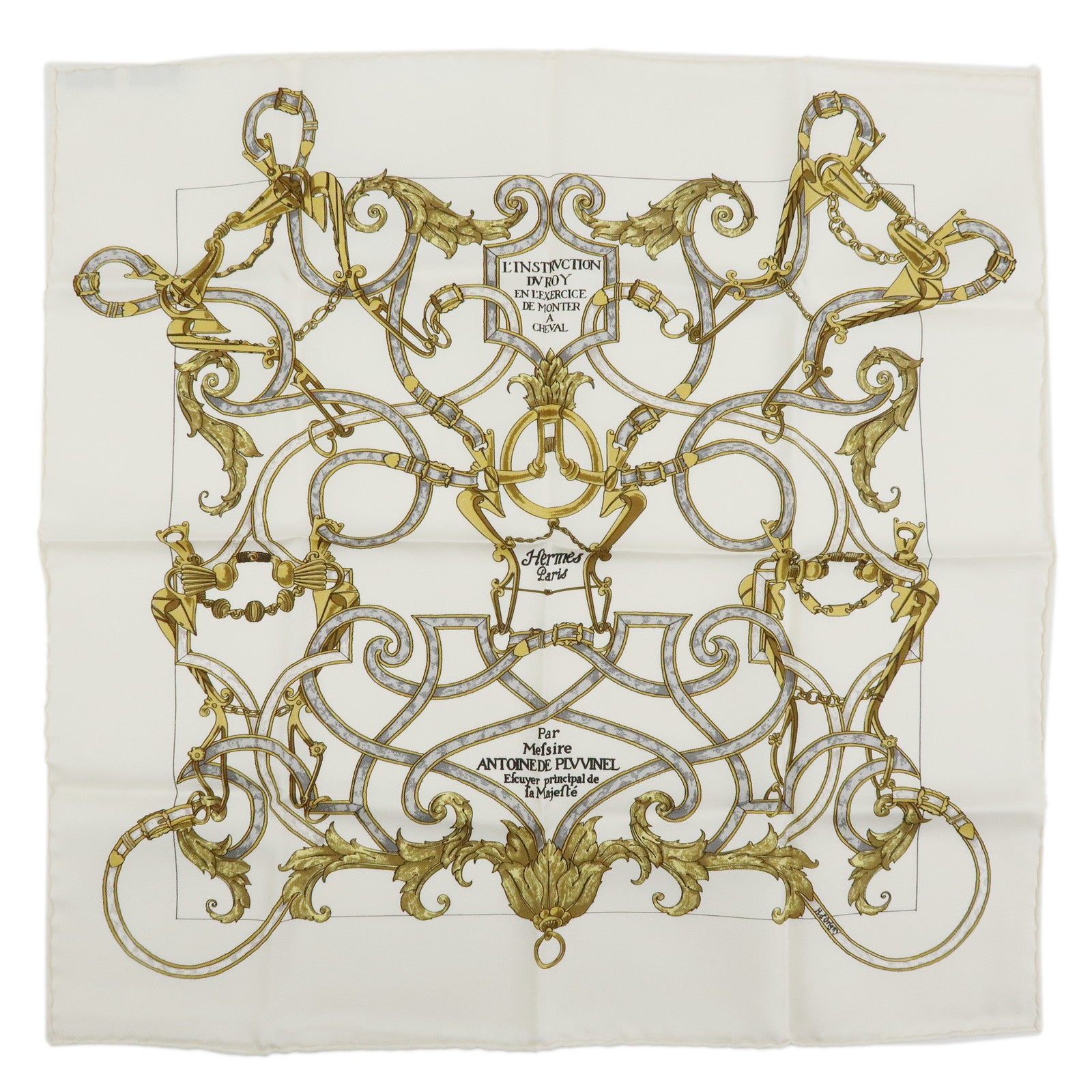 HERMES Carre 40 Silk 100% Scarf L'INSTRVCTION DV ROY White Gold Gray