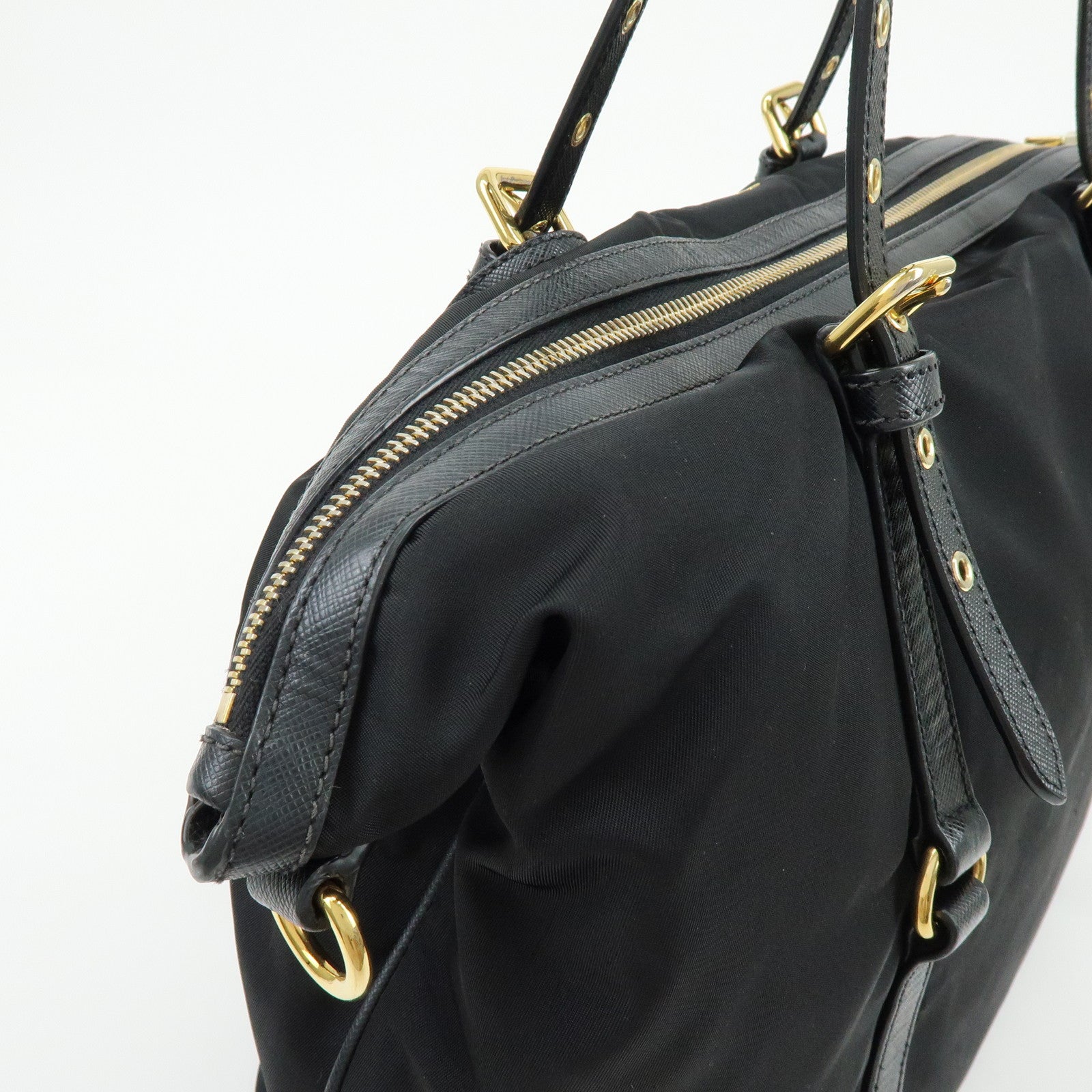 PRADA Logo Nylon Saffiano Leather Shoulder Bag Black 1BG253