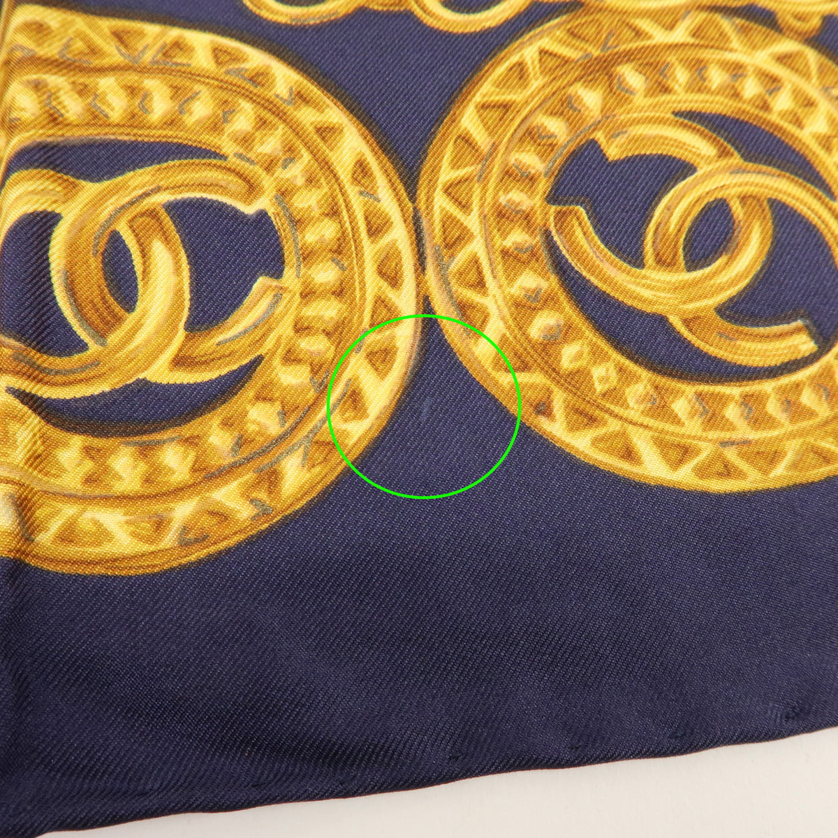 CHANEL COCO Mark Silk 100% Scarf Chain Print Gold Navy Red