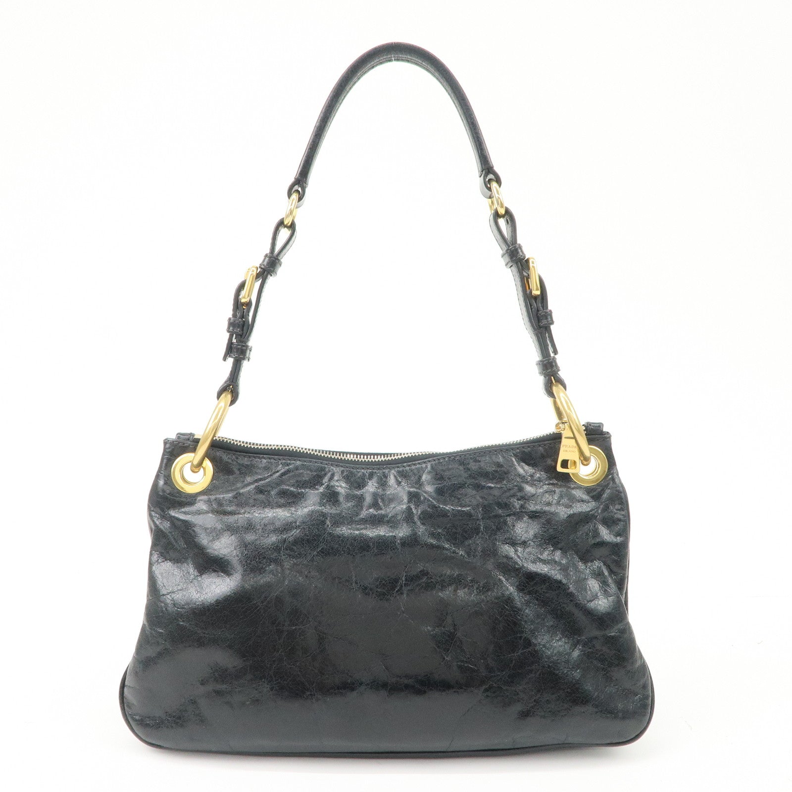 PRADA Logo Leather Shoulder Bag Hand Bag Gold Hardware Black Used