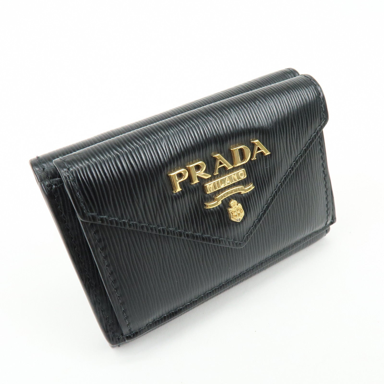 PRADA Vitello Move Leather Tri-fold Compact Wallet Black 1MH021