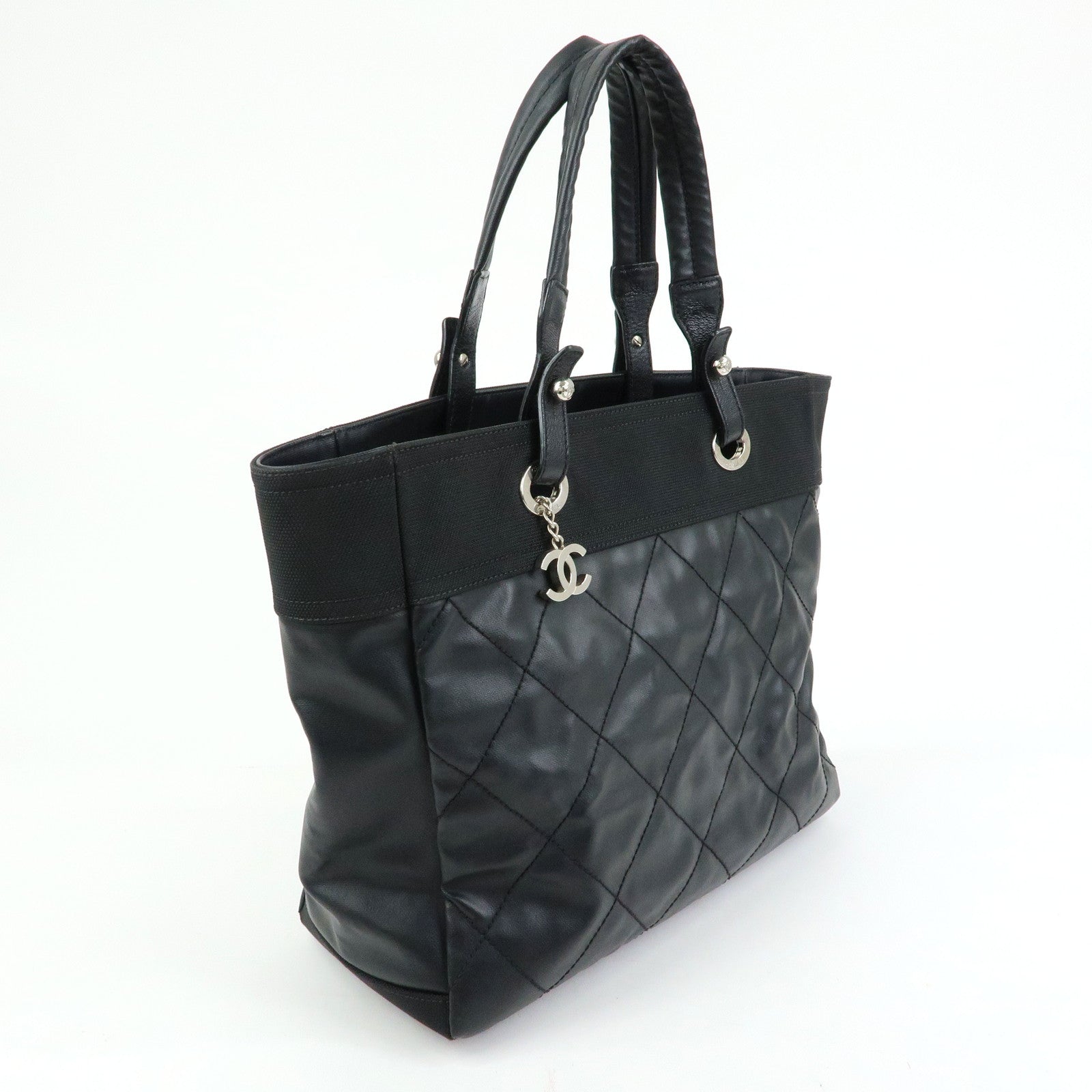 CHANEL Paris Biarritz MM Leather Canvas Tote Bag Hand Bag Black A34209