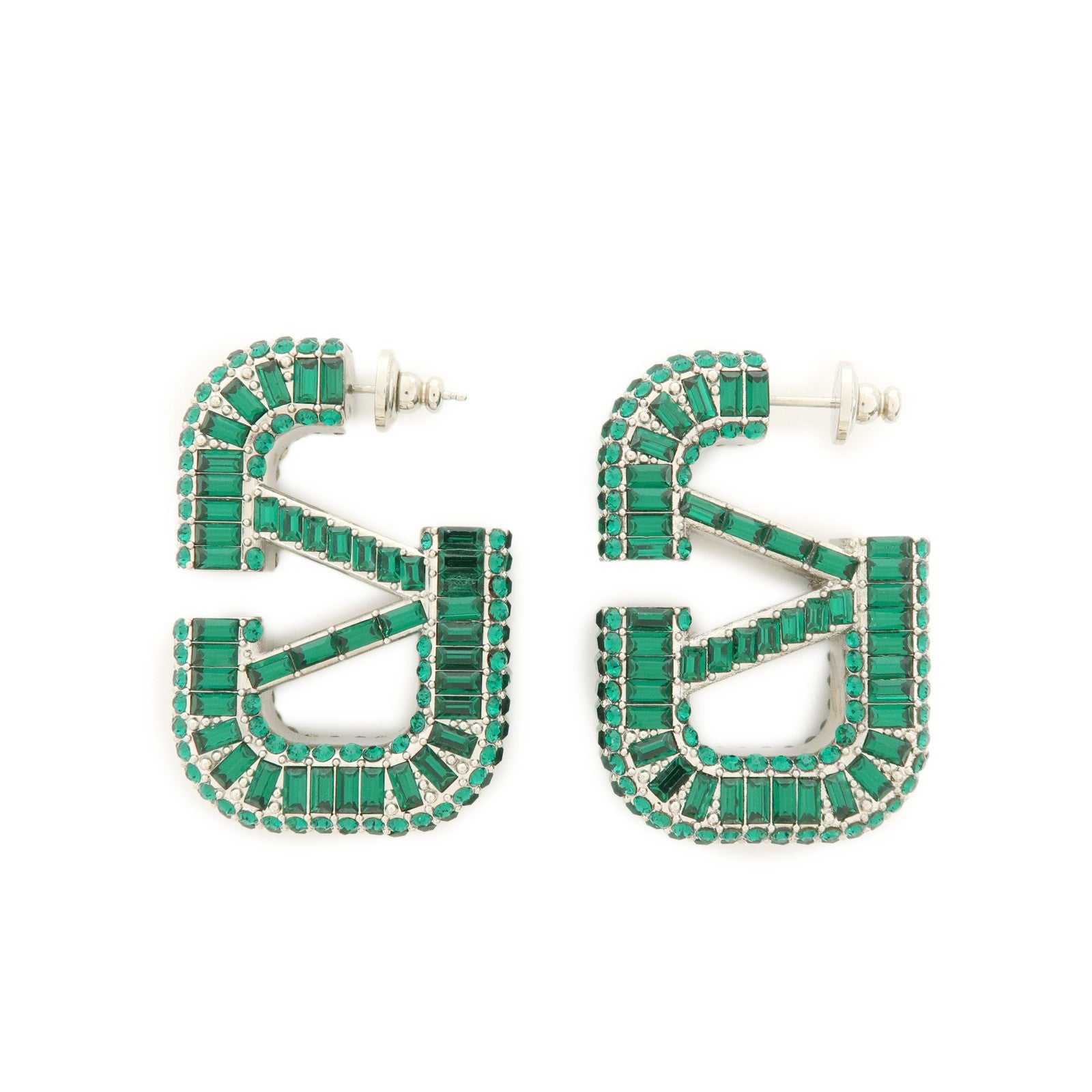 VALENTINO V Logo Signature Metal Rhinestone Earrings Green Silver