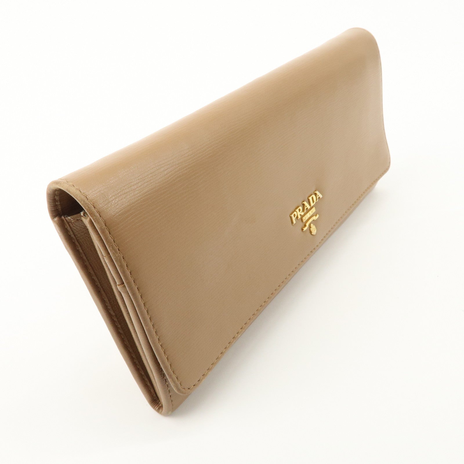 PRADA Logo Leather Chain Wallet WOC Beige Gold Hardware 1MT290 Used