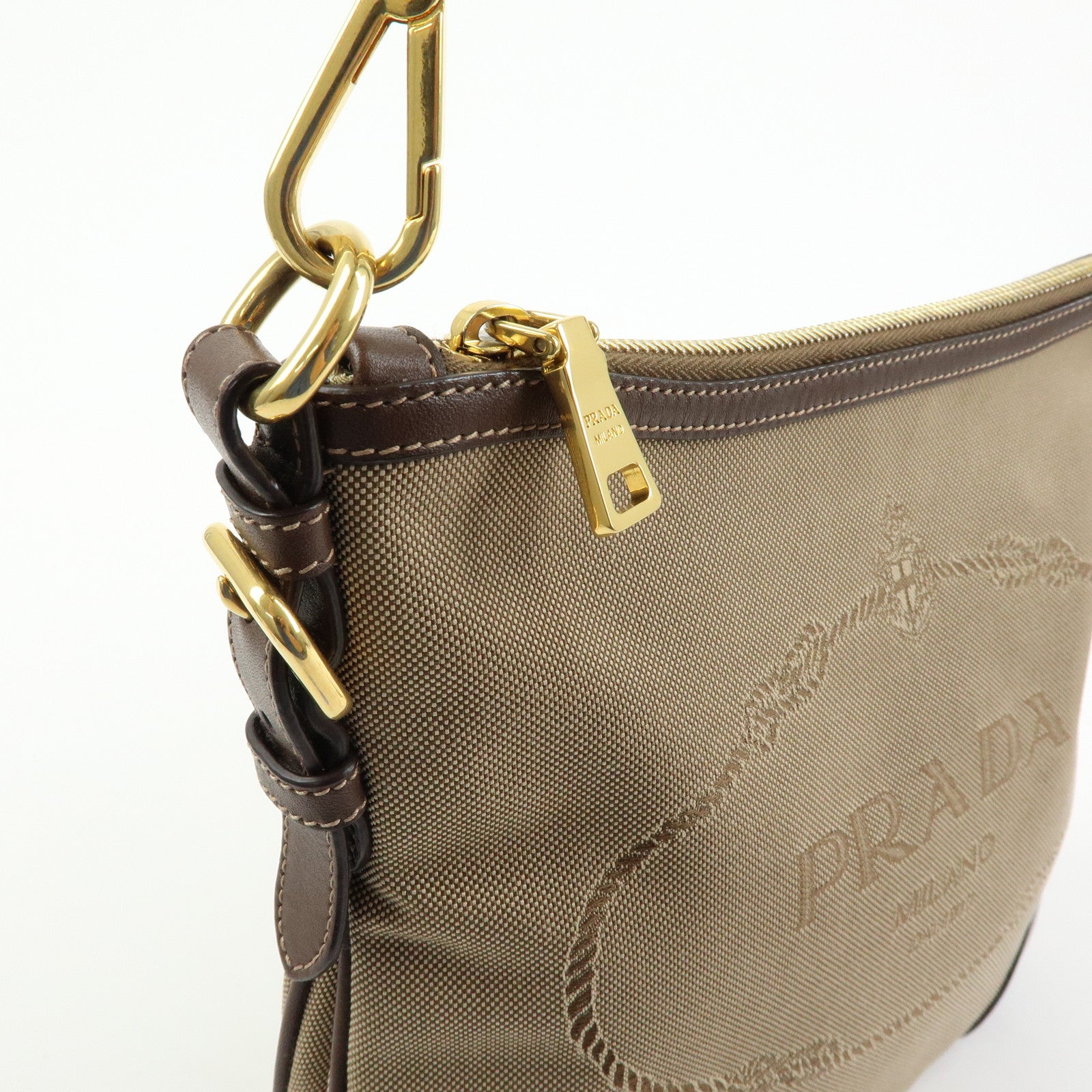 PRADA Jacquard Canvas Leather Shoulder Bag Crossbody Bag Beige Brown