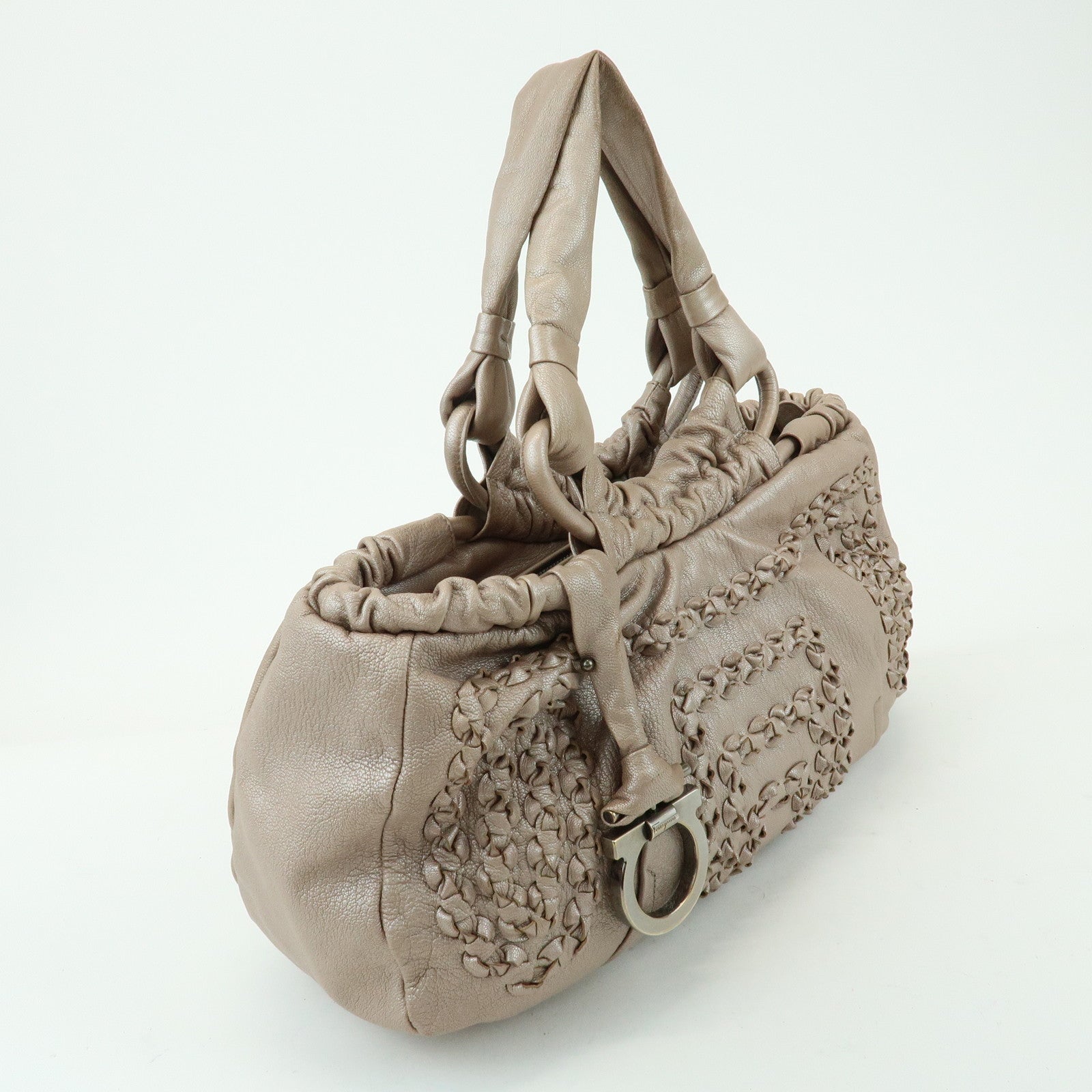 Ferragamo Gancini Leather Hand Bag Shoulder Bag Braid Pink Beige