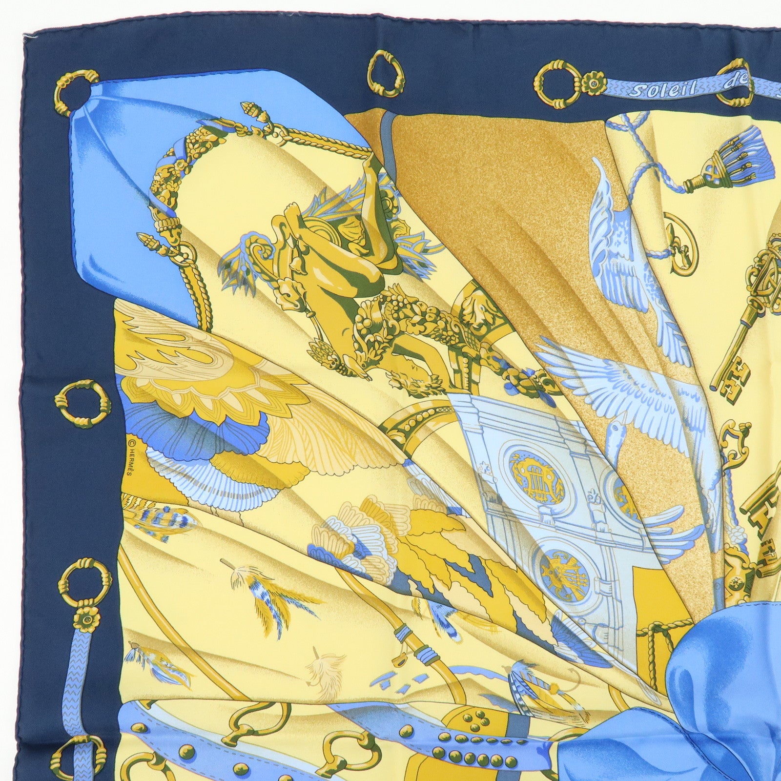 HERMES Carre 90 Silk 100% Scarf Soleil de Soie Blue Navy Yellow