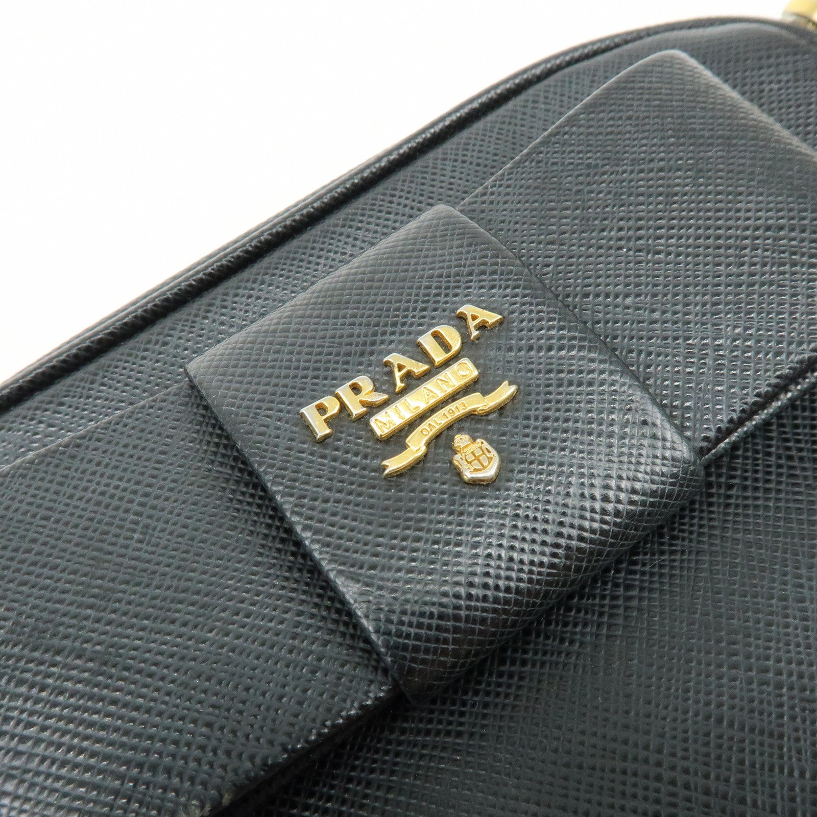 PRADA Saffiano Leather Shoulder Crossbody Bag Ribbon Motif Black 1NF674