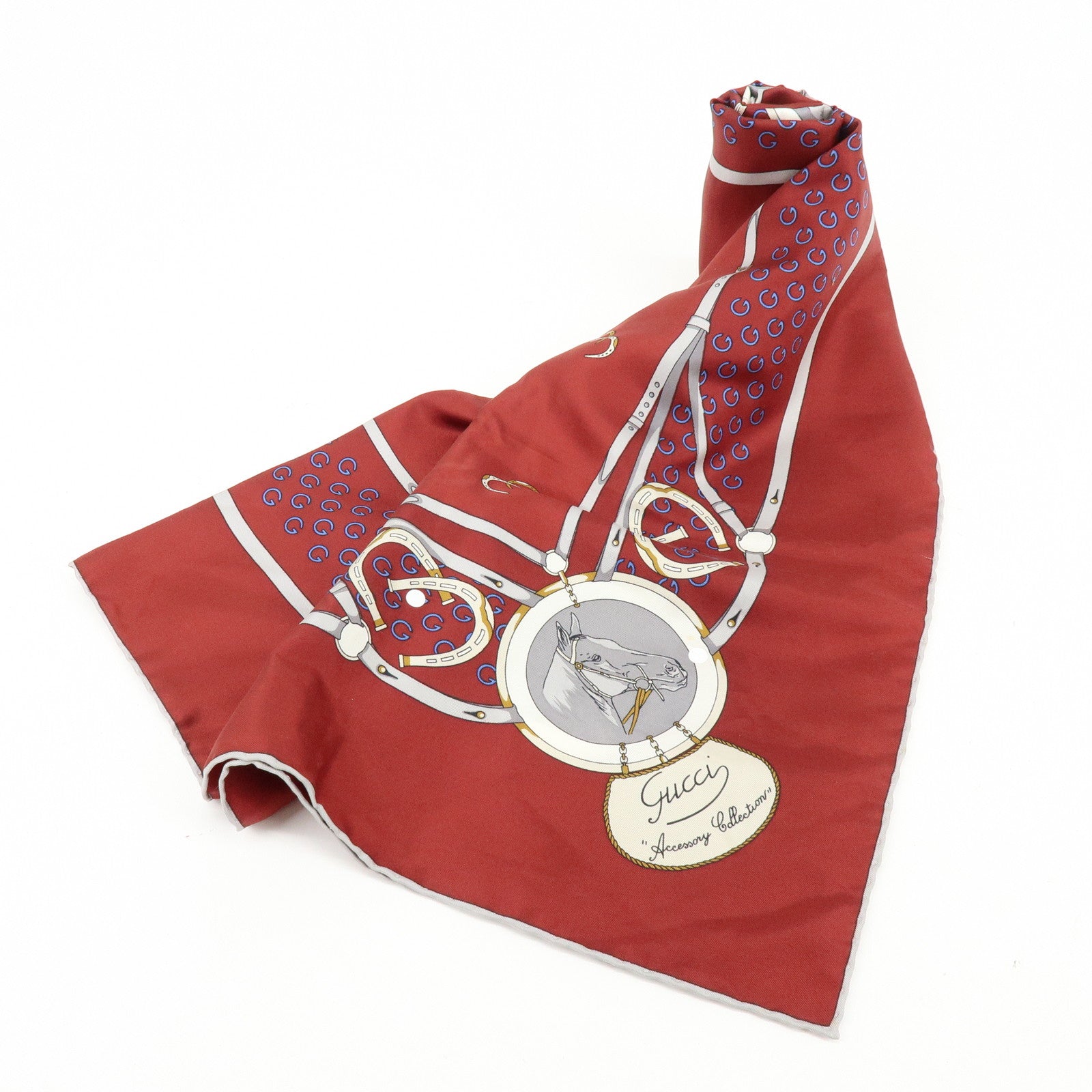 GUCCI Silk 100% Double G Horseshoe Scarf Bordeaux White Blue