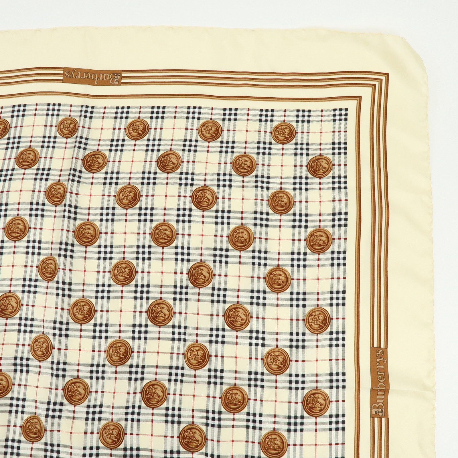 BURBERRY Nova Plaid Silk 100% Scarf Coin Motif Beige Brown