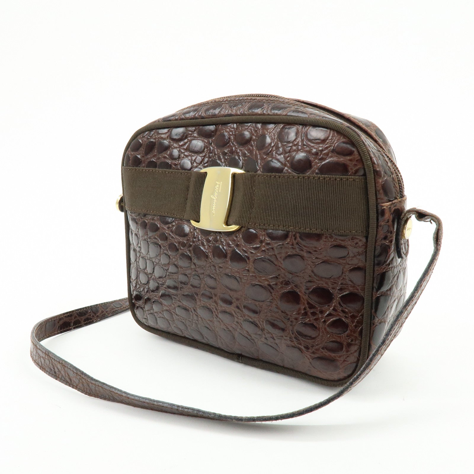 Ferragamo Vara Embossed Leather Shoulder Bag Crossbody Bag Brown