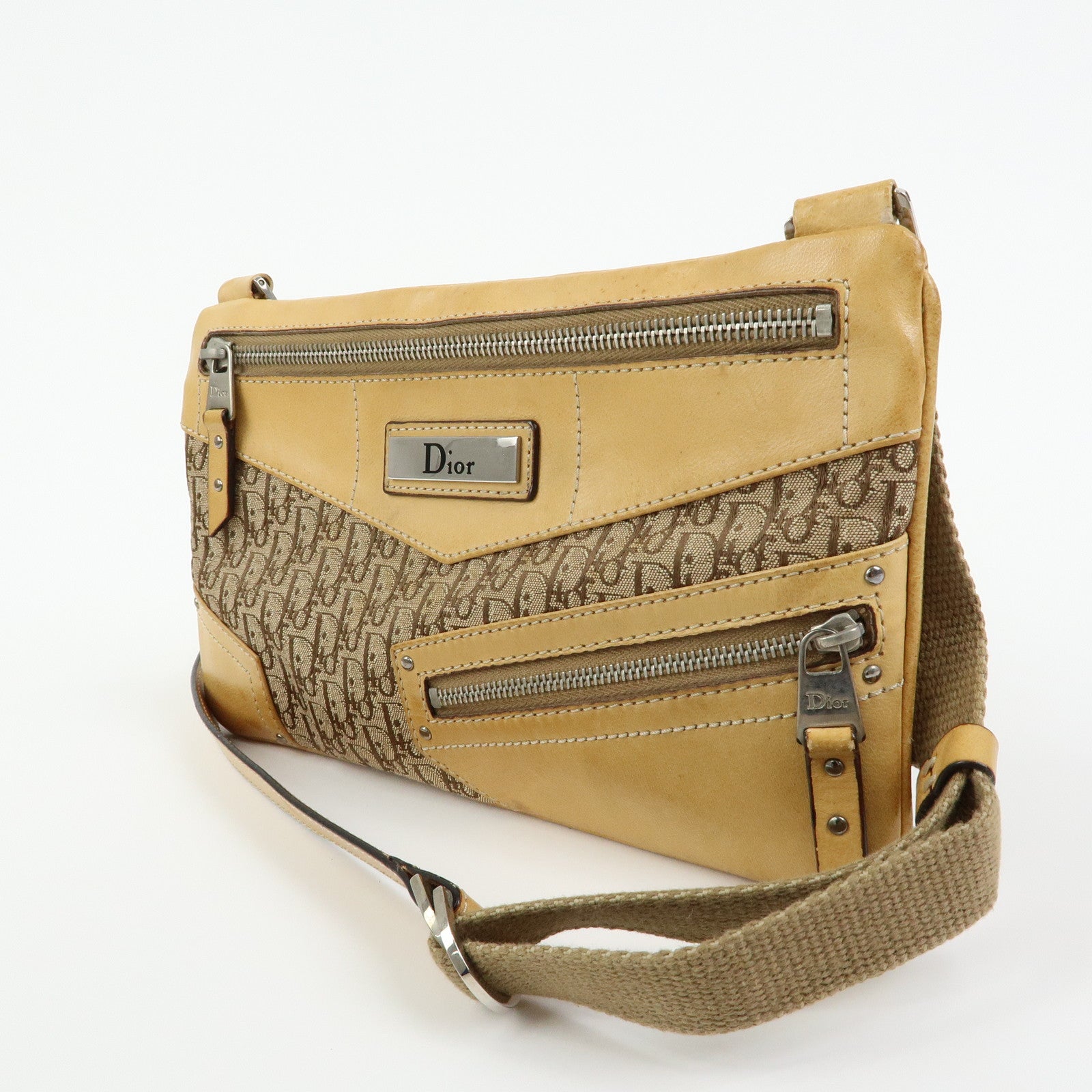 Christian Dior Trotter Street Chic Canvas Leather Shoulder Bag Beige