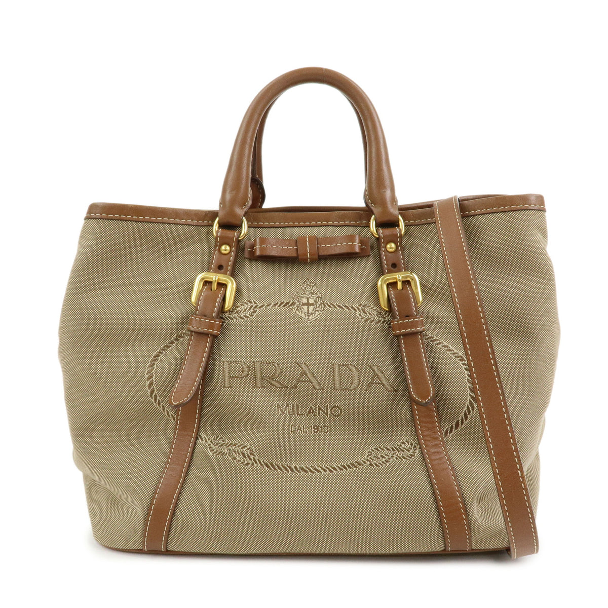 PRADA Triangle Logo Jacquard Canvas Leather 2Way Bag Tote Bag BN1841