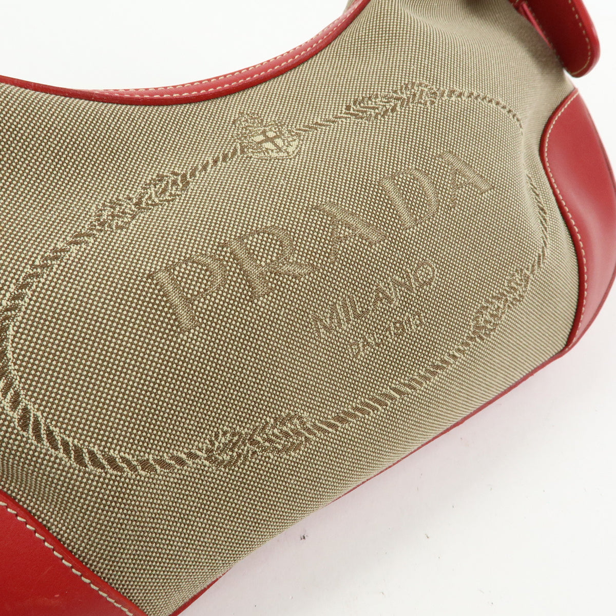 PRADA Logo Jacquard Leather Shoulder Bag Hand Bag Beige Red BR3429