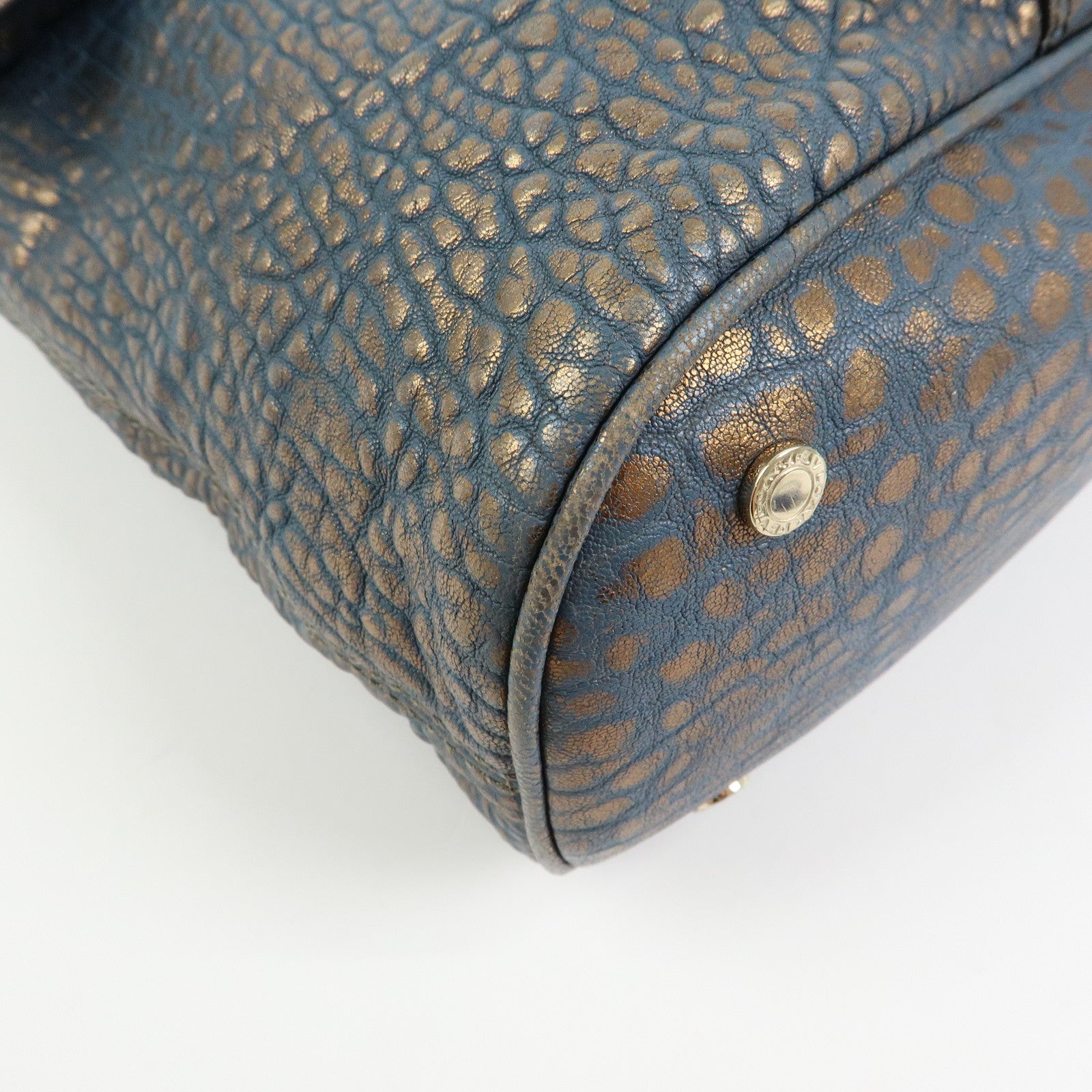 BVLGARI Leoni Leather Top Handle 2Way Bag Shoulder Bag Blue Bronze