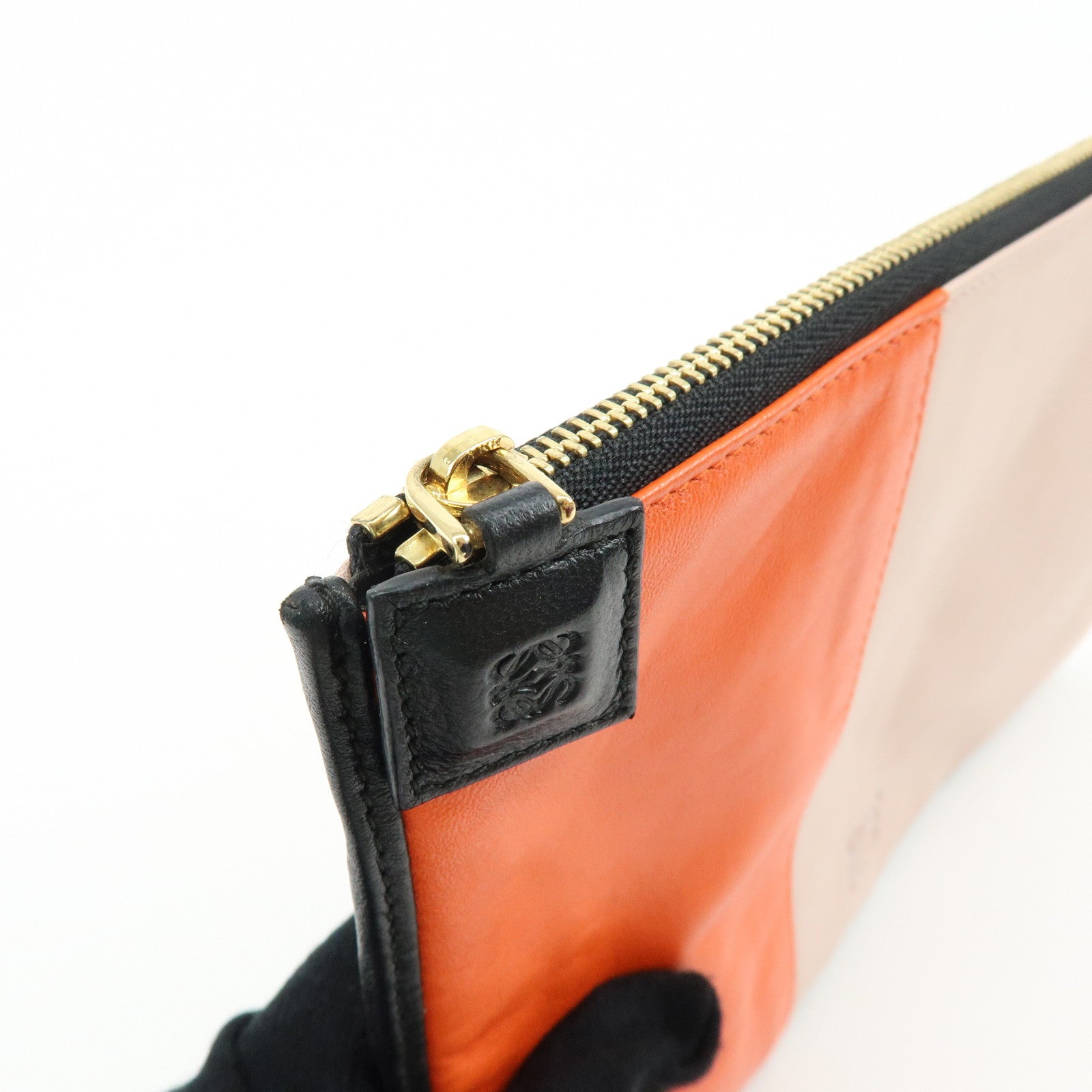 LOEWE Anagram Nappa Leather Clutch Bag Flat Pouch Pink Orange